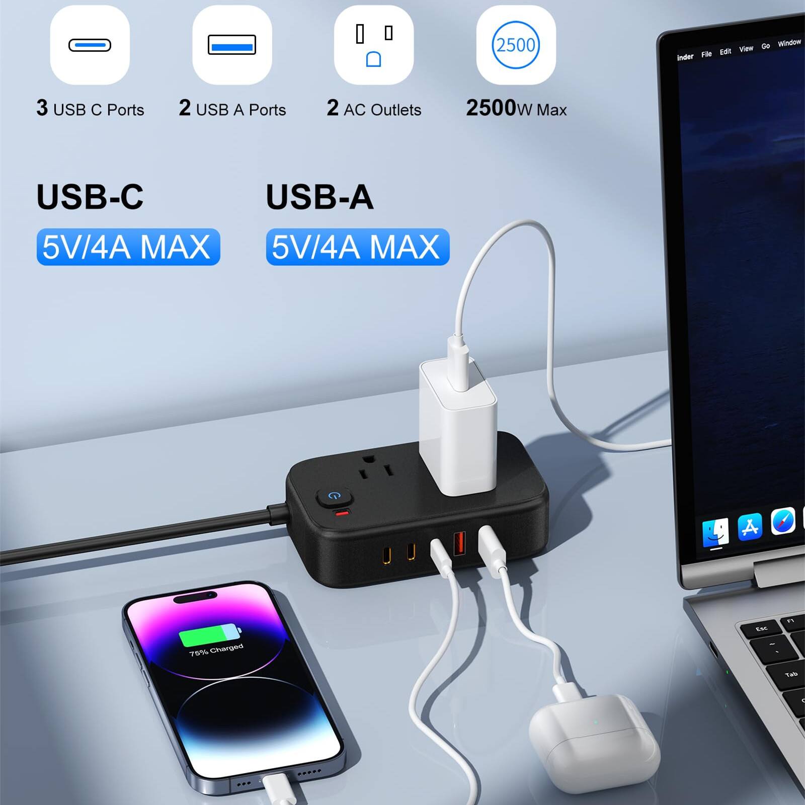 2500W Max  
3 USB C Ports  
2 USB A Ports  
2 AC Outlets  
USB-C: 5V/4A MAX  
USB-A: 5V/4A MAX  
70% Charged