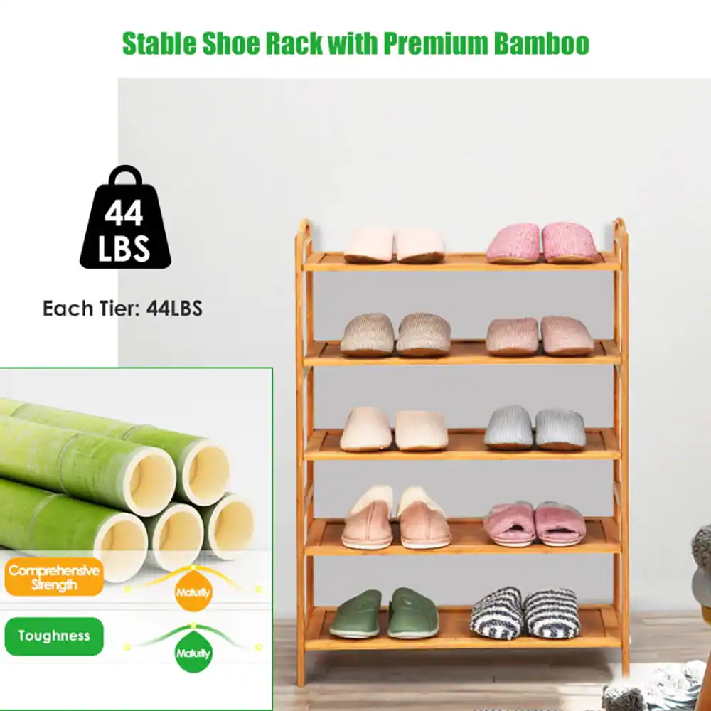Stable Shoe Rack with Premium Bamboo  
Each Tier: 44LBS  
Comprehensive Strength  
Toughness