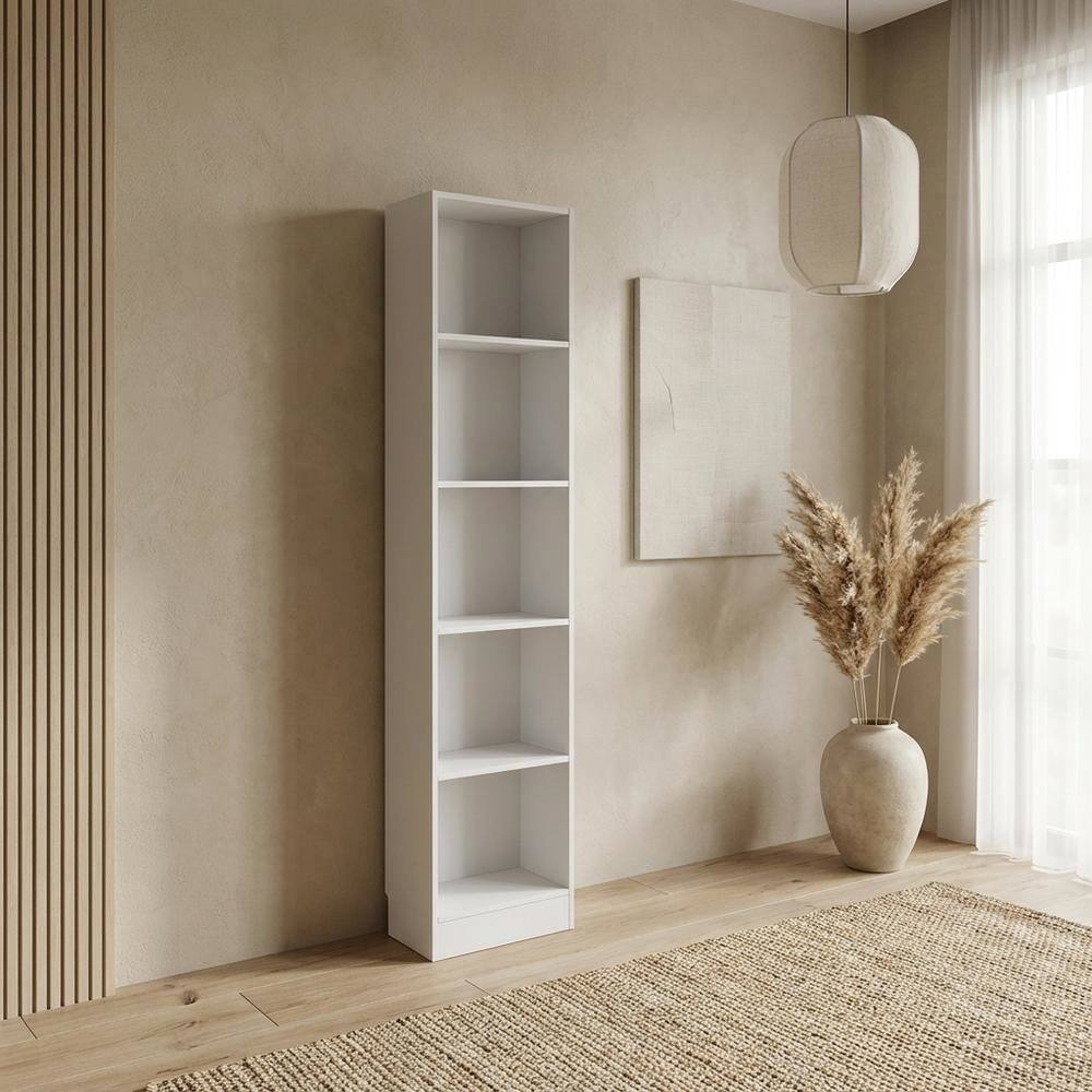 Alt View 1. FurniFact - White Tall 5 Shelf Bookcase - Stylish Narrow Bookshelf for Home or Office - White.