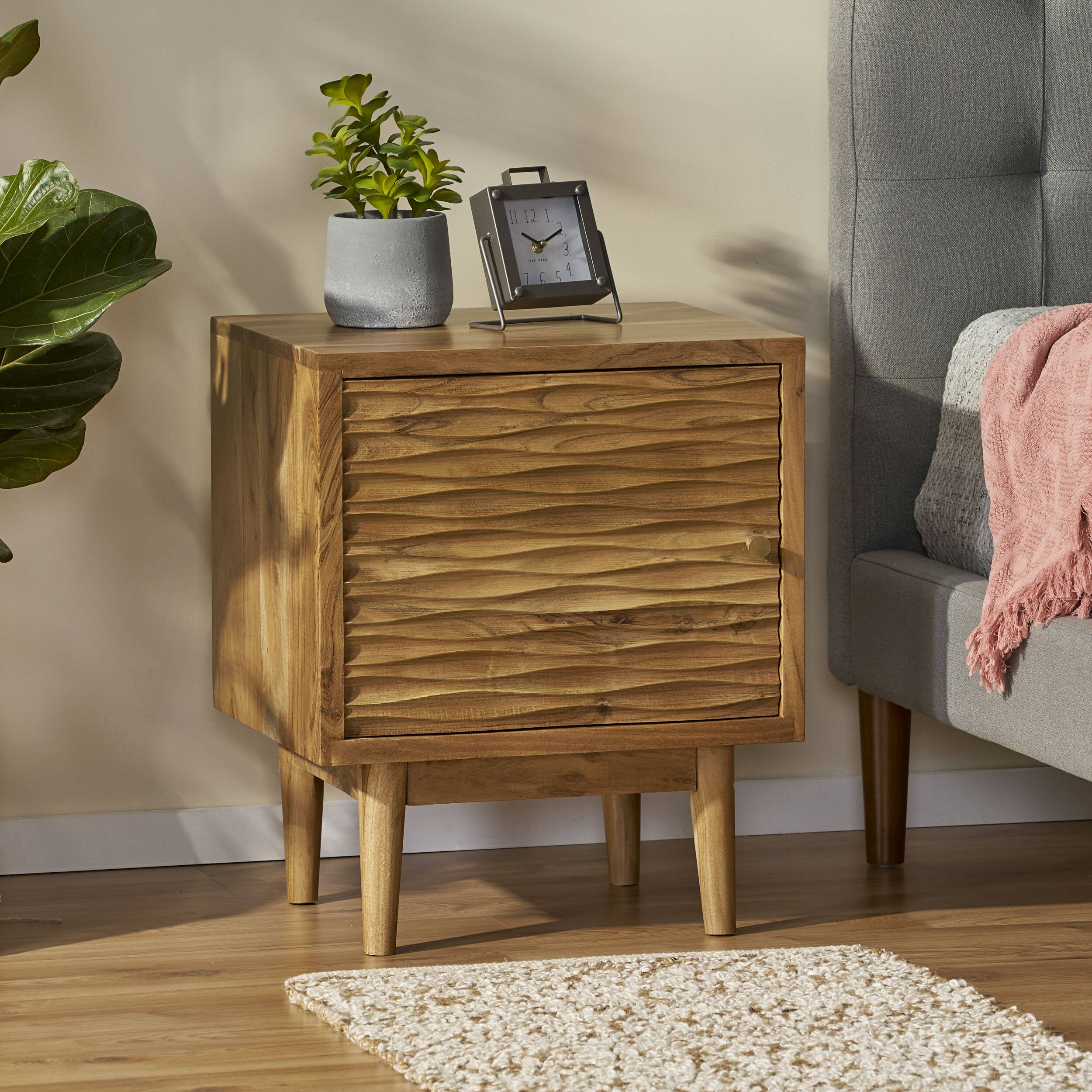 Front. Tiramisubest - Handcrafted Acacia Wood Nightstand with Carved Texture and One-Door Cabinet - Brown.