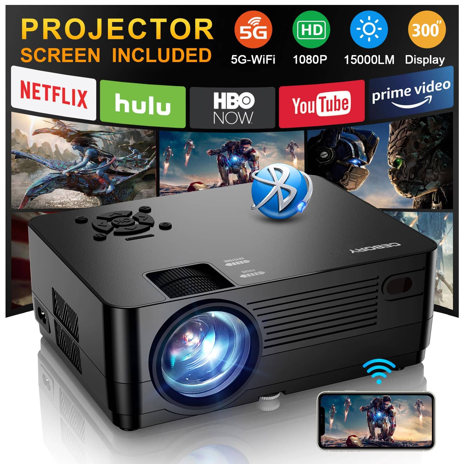 The Best Inks - 5g Wifi Native 1080p Projector[projector Screen And Carrying Bag Included] 15000lm Full Hd Movie Projector 300" - Default