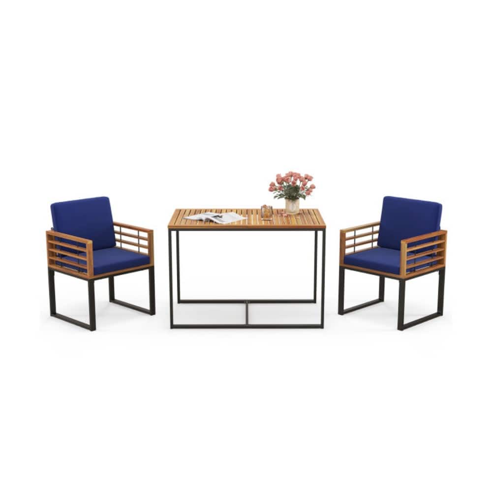Mondawe - 3 Pieces Outdoor Dining Set with 2 Acacia Wood Armchairs and Dining Table - Navy
