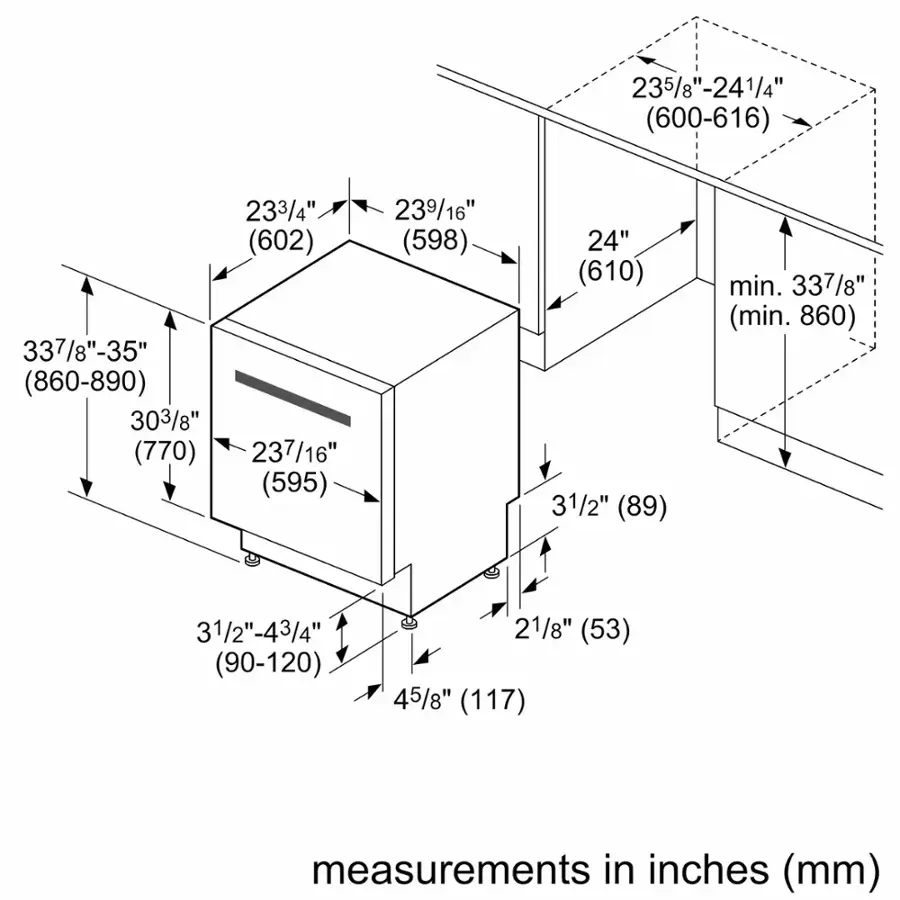 The measurements in inches are grouped as follows:

* 235/8"-241/4" (600-616)
* 337/8"-35" (860-890)
* 303/8" (770)
* 233/4" (602)
* 237/16" (595)
* 239/16" (598)
* 24" (610)
* 31/2" (89)
* min. 337/8" (min. 860)
* 31/2"-43/4" (90-120)
* 21/8" (53)
* 45/8" (117)