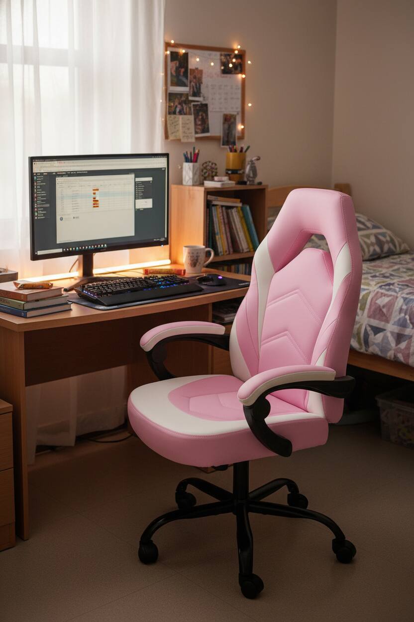 Left. AOITUN - Ergonomic Pink Gaming Desk Chair for Daily Comfort - Ideal for Dorm or Home Office - White.