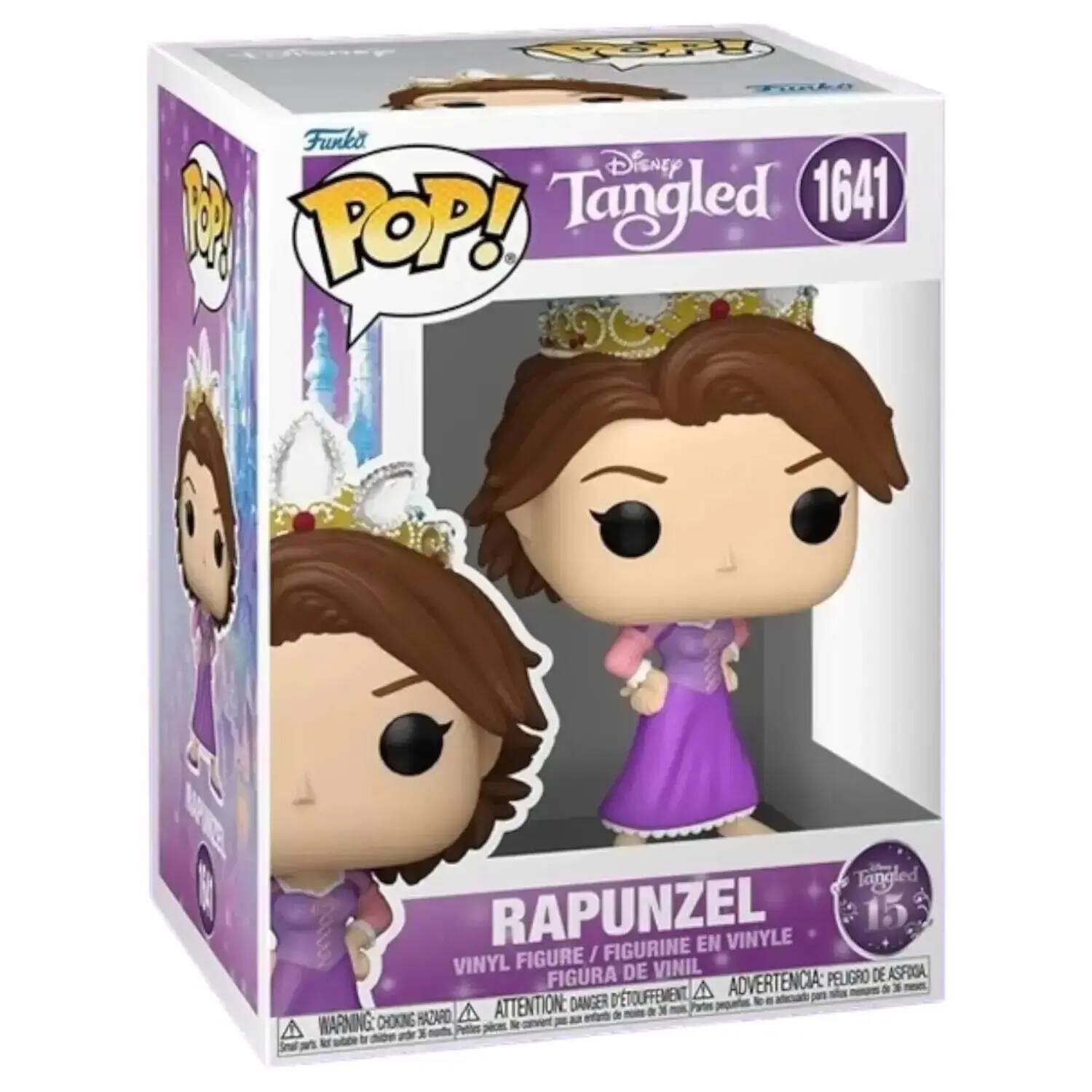 Sure, here is the corrected and grouped text from the image:

---

**Front:**
- Disney Tangled 1641
- POP!
- Rapunzel
- Vinyl Figure / Figurine en Vinyle / Figura de Vinil
- 15
- Warning: Choking Hazard - Small parts. Not for children under 3 years. / Attention: Danger de suffocation - Petits pièces. Ne convient pas aux enfants de moins de 3 ans. / Advertencia: Peligro de asfixia - Piezas pequeñas. No es adecuado para menores de 3 años.

**Side:**
- Funko
- POP!
- Rapunzel
- Warning: Choking Hazard - Small parts. Not for children under 3 years. / Attention: Danger de suffocation - Petits pièces. Ne convient pas aux enfants de moins de 3 ans. / Advertencia: Peligro de asfixia - Piezas pequeñas. No es adecuado para menores de 3 años.

**Top:**
- Funko
- POP!

---