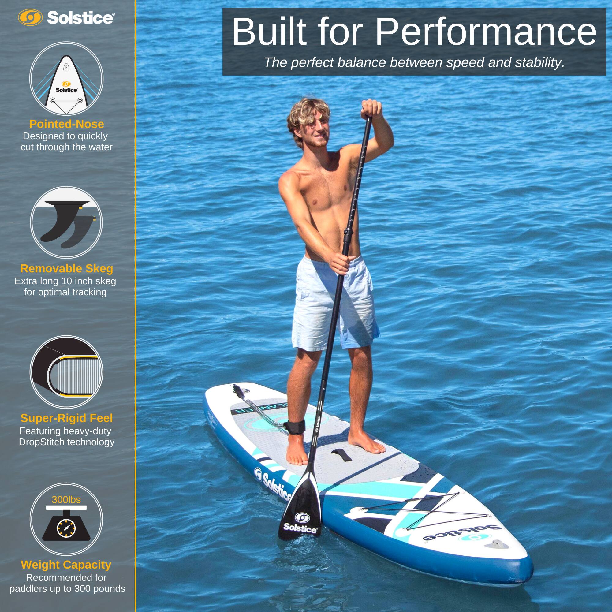 Solstice  
Built for Performance  
The perfect balance between speed and stability.  

Pointed-Nose  
Designed to quickly cut through the water  

Removable Skeg  
Extra long 10 inch skeg for optimal tracking  

Super-Rigid Feel  
Featuring heavy-duty DropStitch technology  

300lbs  
Weight Capacity  
Recommended for paddlers up to 300 pounds