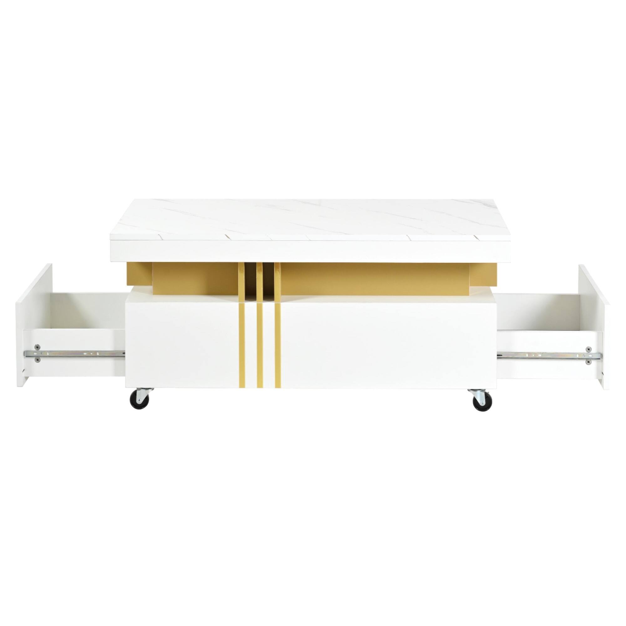 Alt View 4. Tiramisubest - Contemporary Coffee Table with Faux Marble Top,Caster Wheels,Moderate Luxury Center Table with Gold Metal Bars,White - White.