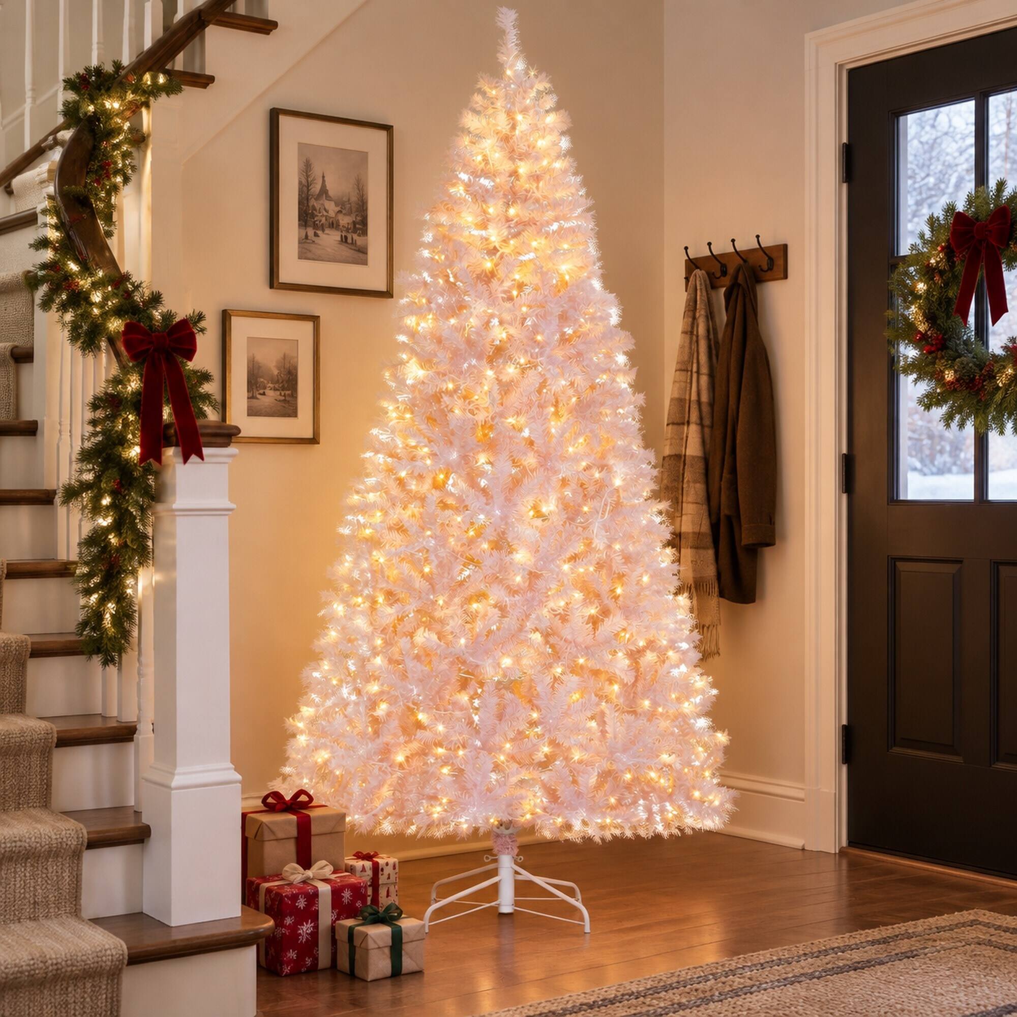 Alt View 1. RYHNUYNE - 7.5 Ft Douglas Fir Pink Artificial Christmas Tree With 500 Warm White LED Lights, 1346 Tips Metal Stand Decor - Pink.