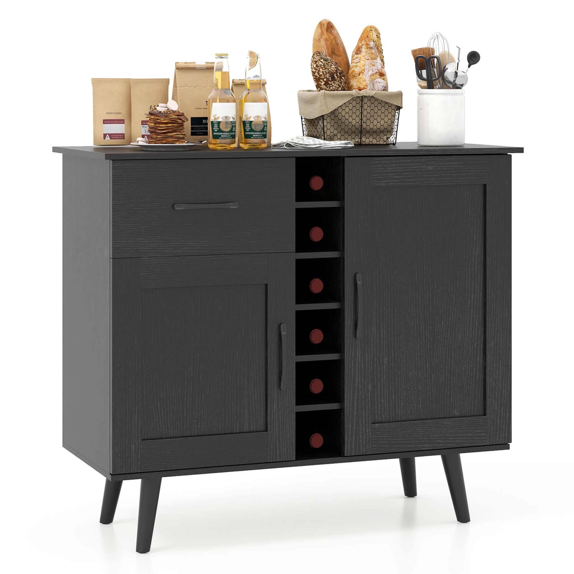Costway - 2-Door Wine Bar Cabinet Kitchen Sideboard Buffet with Drawer & Adjustable Shelves - Black