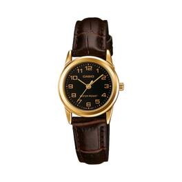 Casio - Women’s Black Dial Gold-Tone Case Leather Strap Watch - LTP-V001GL-1B - Brown