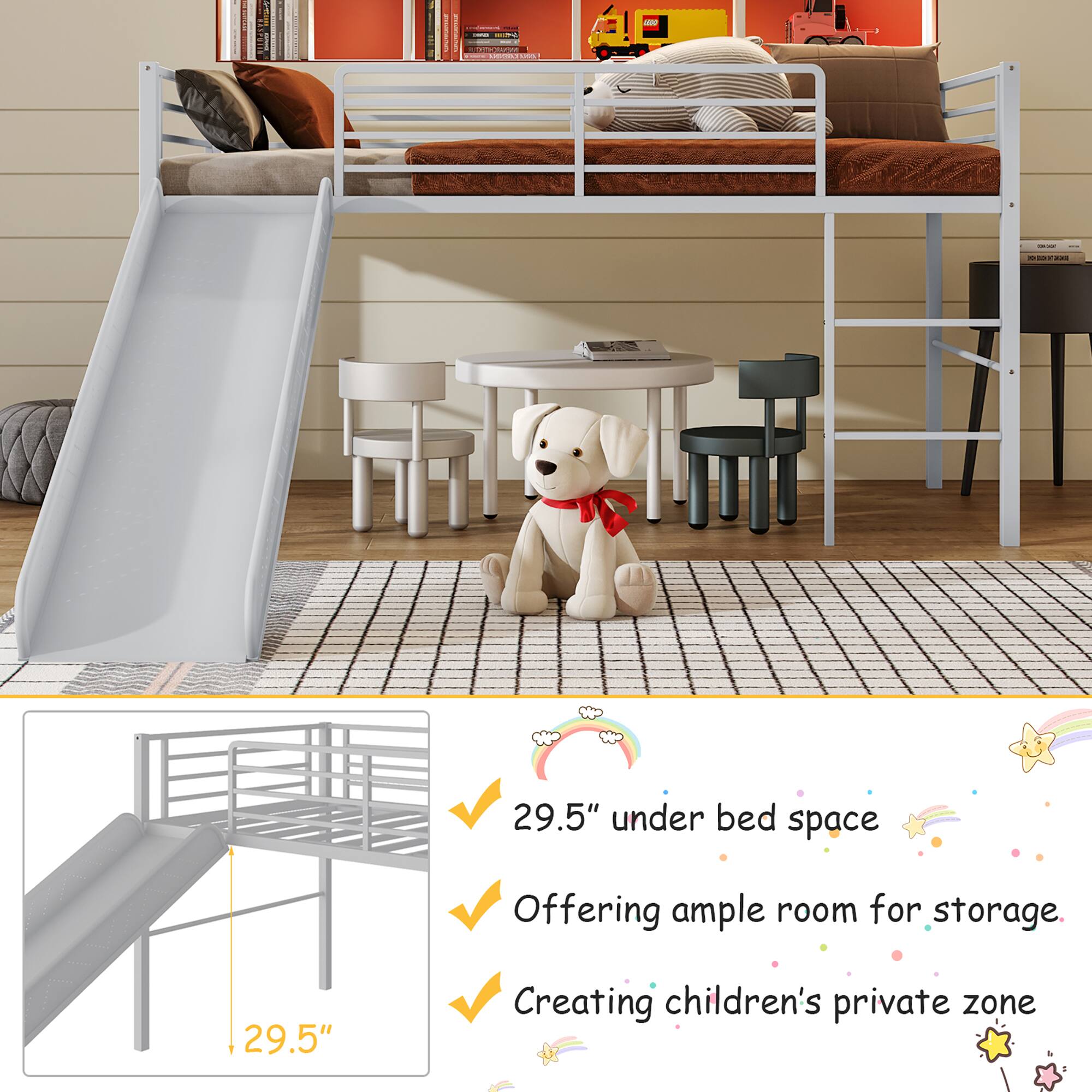 1. 29.5" under bed space  
   Offering ample room for storage.  
   Creating children's private zone  

2. 29.5" under bed space  
   Offering ample room for storage.  
   Creating children's private zone