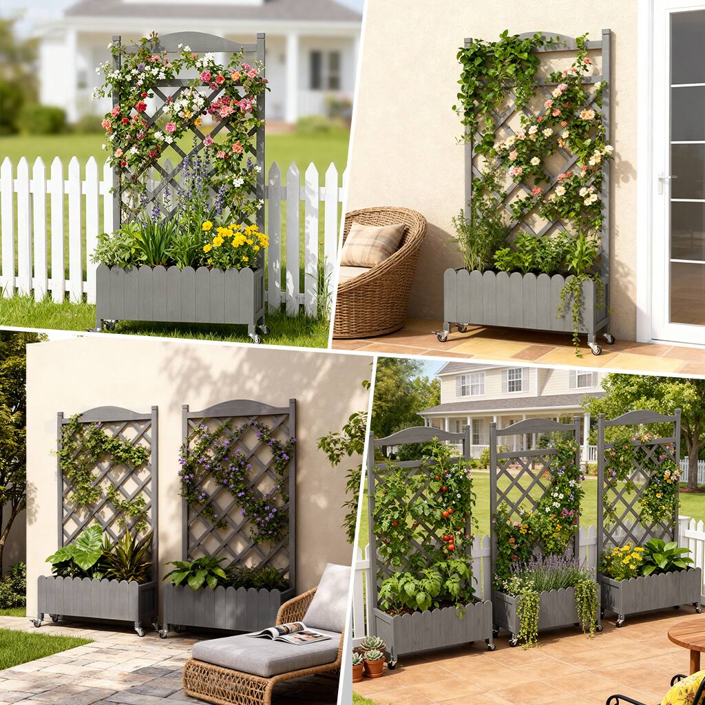 Alt View 2. CloudRest Pro - Raised Garden Bed with Trellis and Wheels 48 Inch Elevated Planter Box with Drainage Holes - Gray.