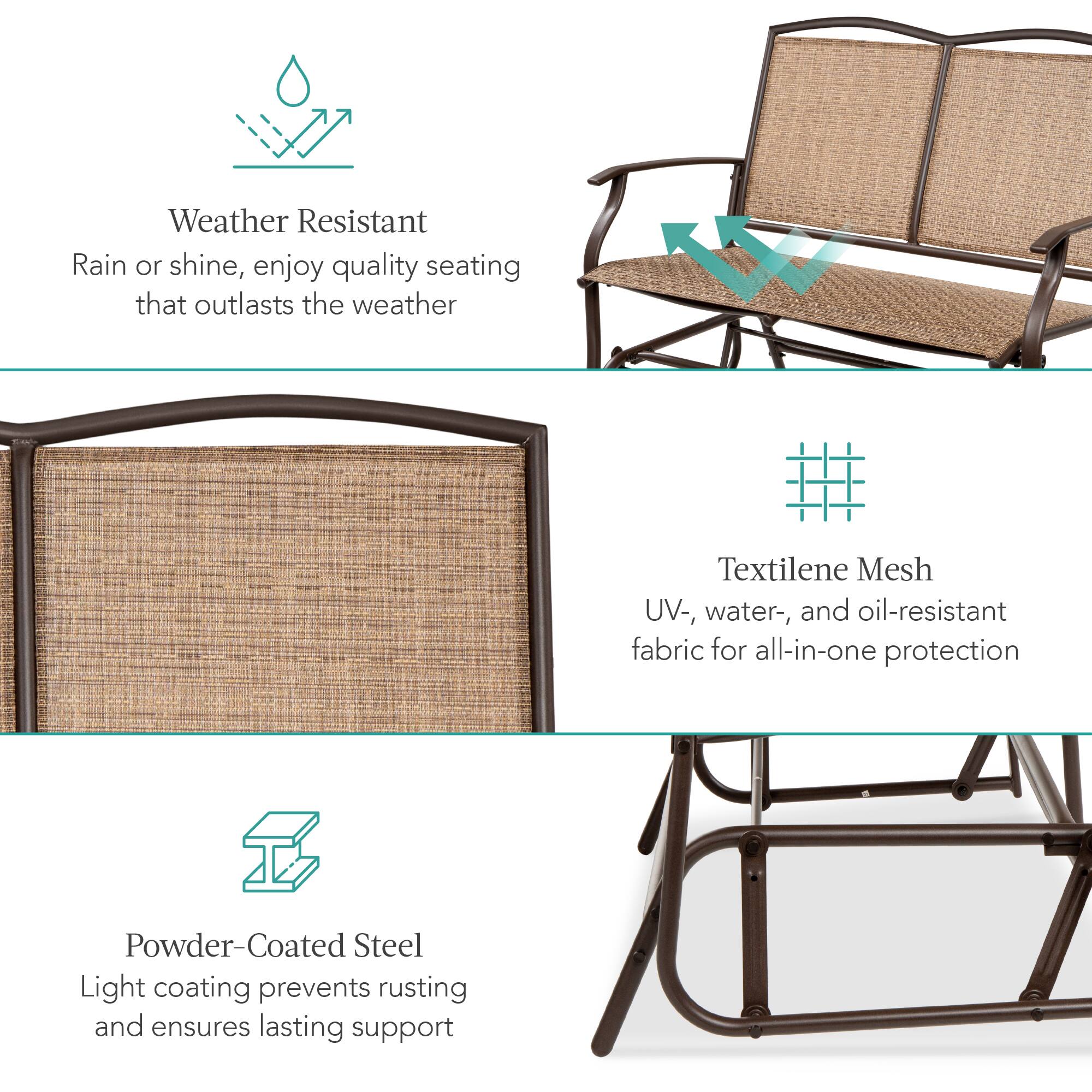 Weather Resistant  
Rain or shine, enjoy quality seating that outlasts the weather  

Textilene Mesh  
UV-, water-, and oil-resistant fabric for all-in-one protection  

Powder-Coated Steel  
Light coating prevents rusting and ensures lasting support