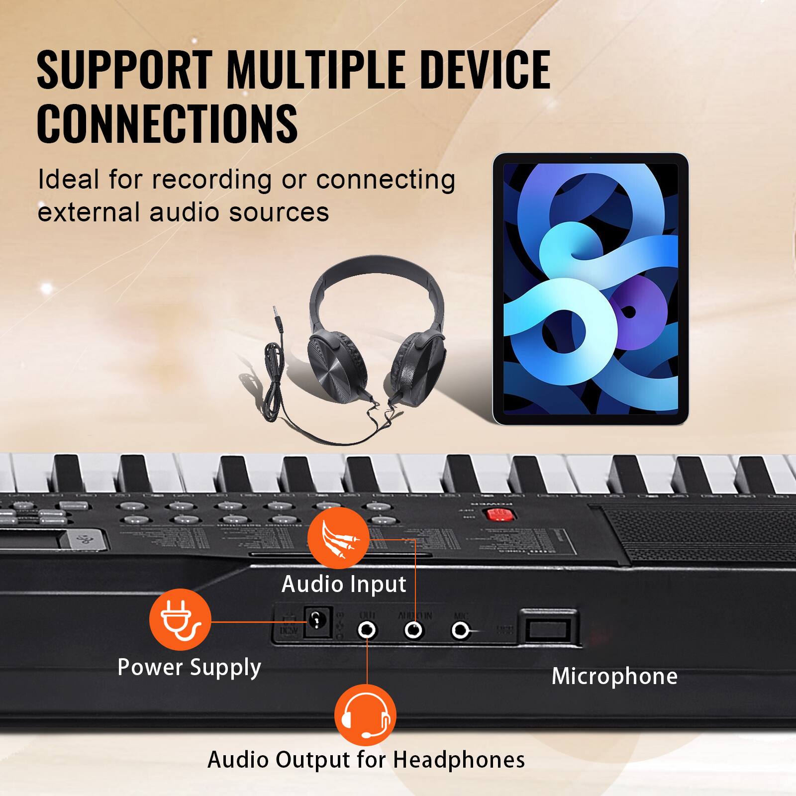 SUPPORT MULTIPLE DEVICE CONNECTIONS

Ideal for recording or connecting external audio sources

- Audio Input
- Power Supply
- Microphone
- Audio Output for Headphones