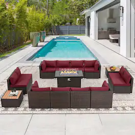 U-HOMY - Patio Conversation Set with Fire Pit Table – 12-Person All-Weather Wicker Outdoor Furniture Set - Wine Red