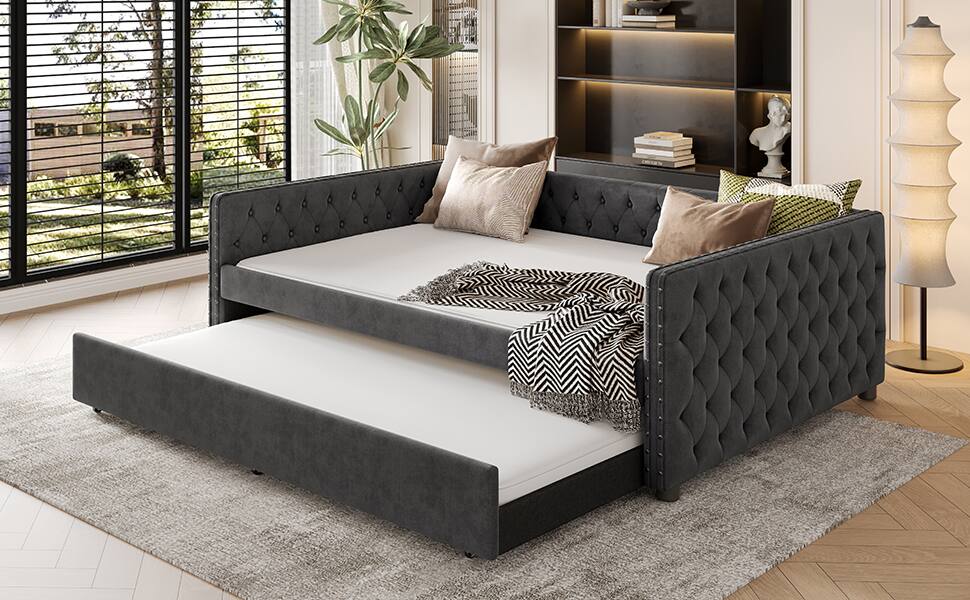 Alt View 8. Tiramisubest - Full Size Daybed, Upholstered Tufted Sofa Bed with Trundle,  Full Daybed with Twin Trundle, Gray - Gray.