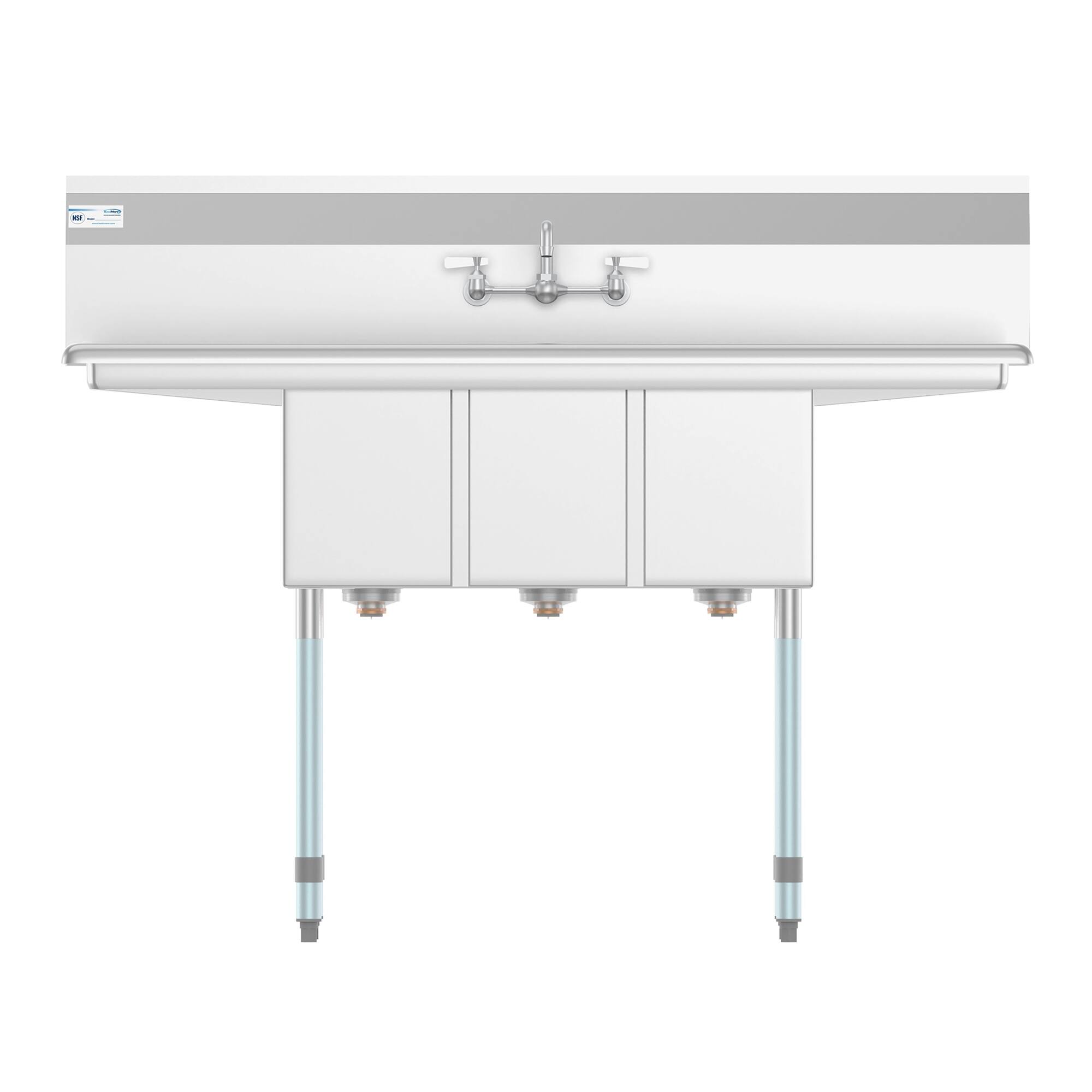 Alt View 2. Koolmore - 54 in. Three Compartment Stainless Steel  Sink with Faucet and Drainboards, Bowl Size 10"x 10"x 14" - Stainless Steel.