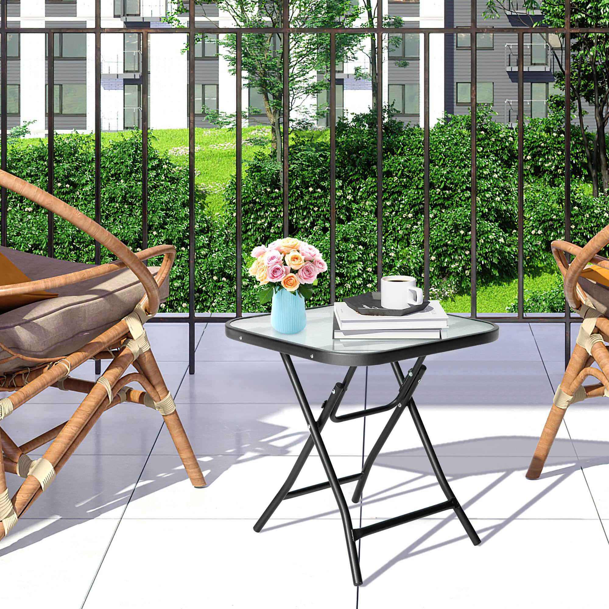 Alt View 3. Gymax - Gymax 18'' Foldable Patio Side Table Square Coffee Bistro Table w/ Tempered Glass Table Top - Black.