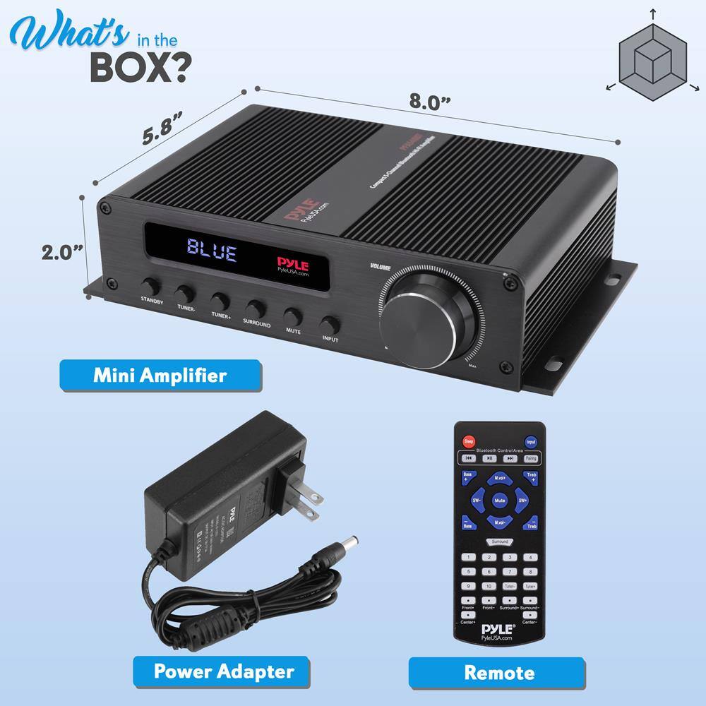 What's in the BOX?

- Mini Amplifier
- Power Adapter
- Remote

Dimensions:
- 5.8" x 2.0" x 8.0"