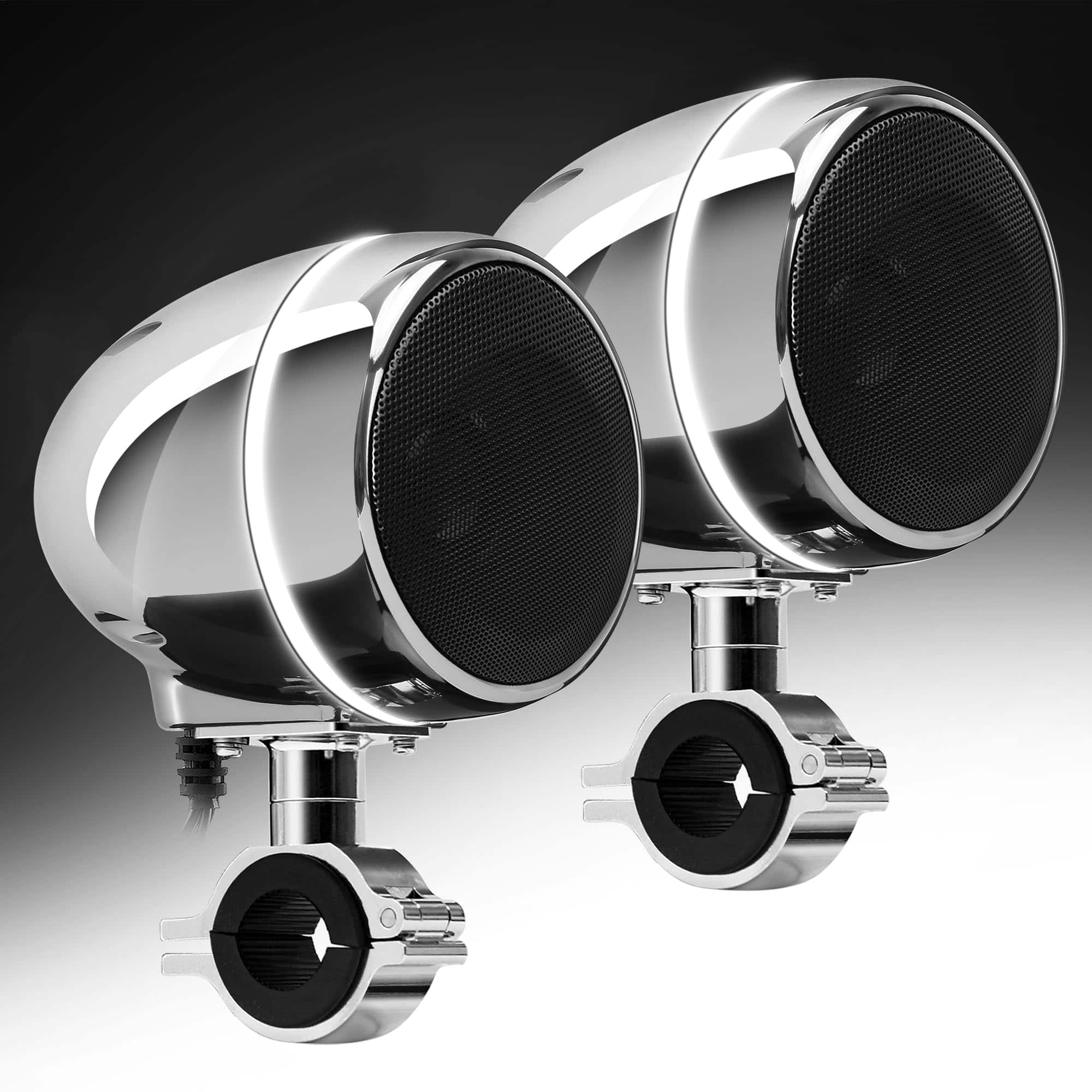 GoHawk - Bluetooth Motorcycle Speakers, 4" Waterproof Stereo Stereo Audio System w/ Built-in Amp, LED Halo, USB for Harley ATV - Chrome