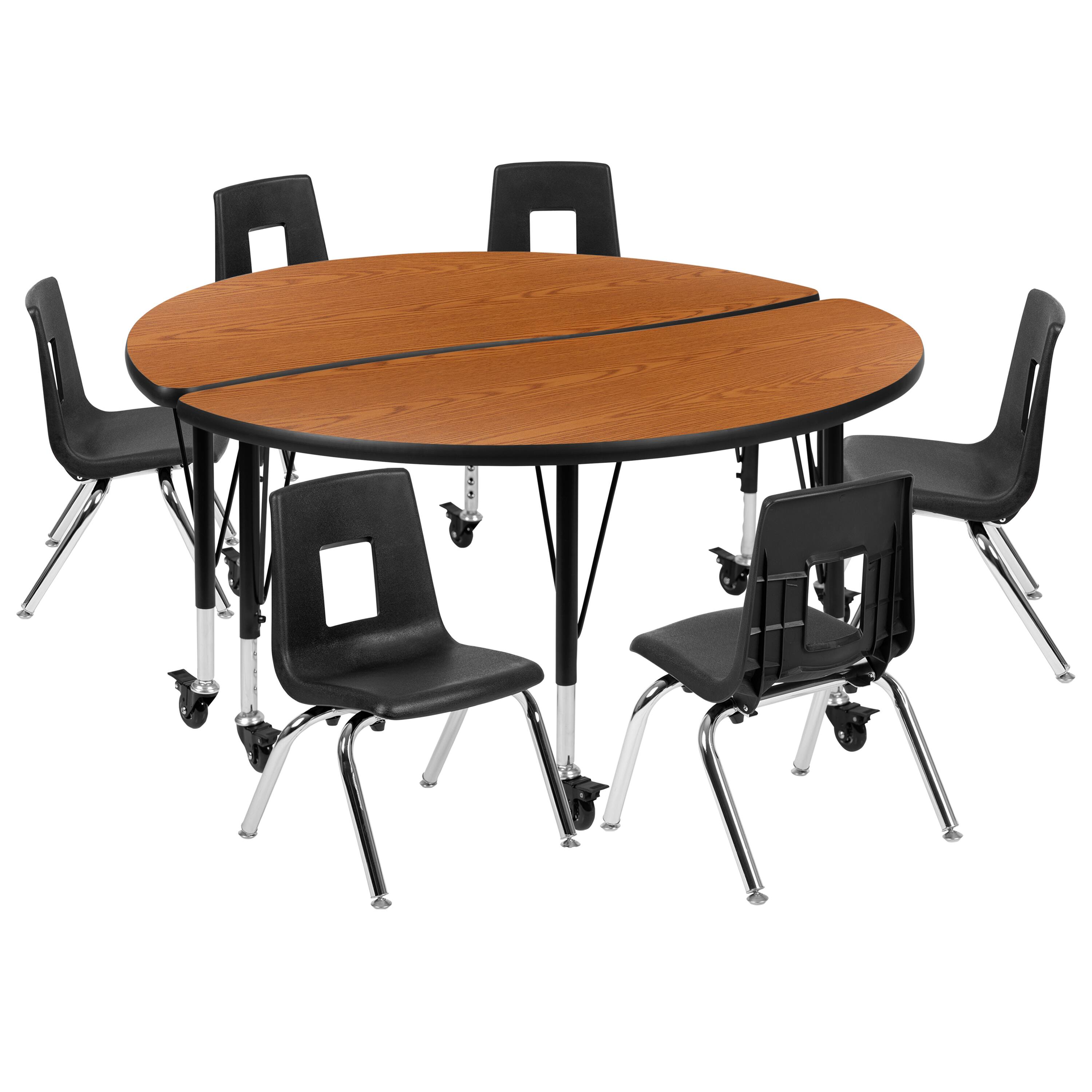 Alt View 1. Emma + Oliver - Mobile 47.5" Circle Wave Collaborative Laminate Activity Table Set with 14" Student Stack Chairs, Grey/Black - Oak.