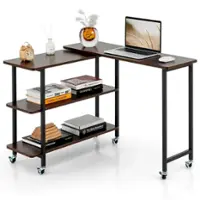 Costway - 360° Rotatable Sofa Side Table L-shaped Laptop Desk Snack Table withShelf Patented - Walnut - Front_Zoom