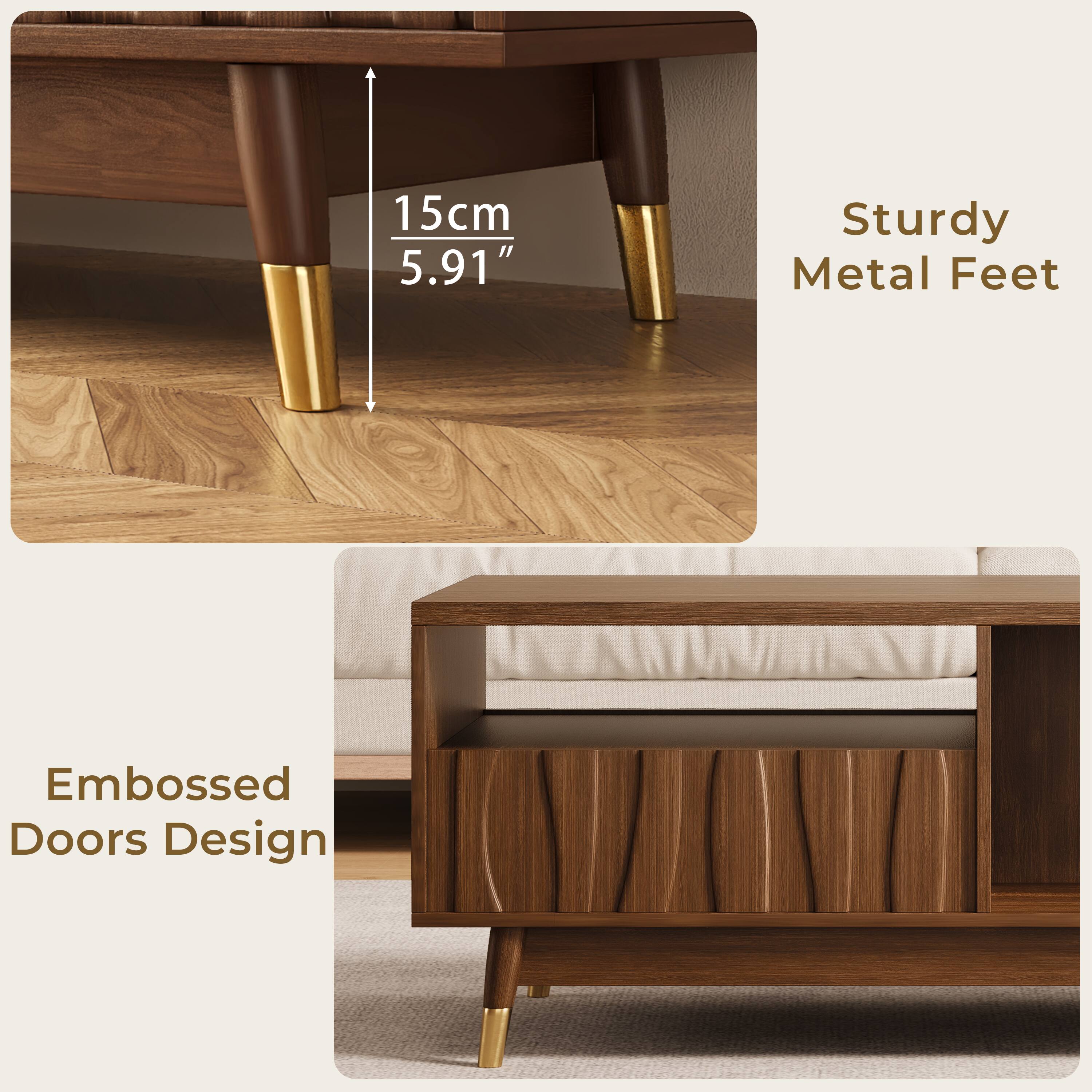 15cm 5.91"  
Sturdy Metal Feet  
Embossed Doors Design