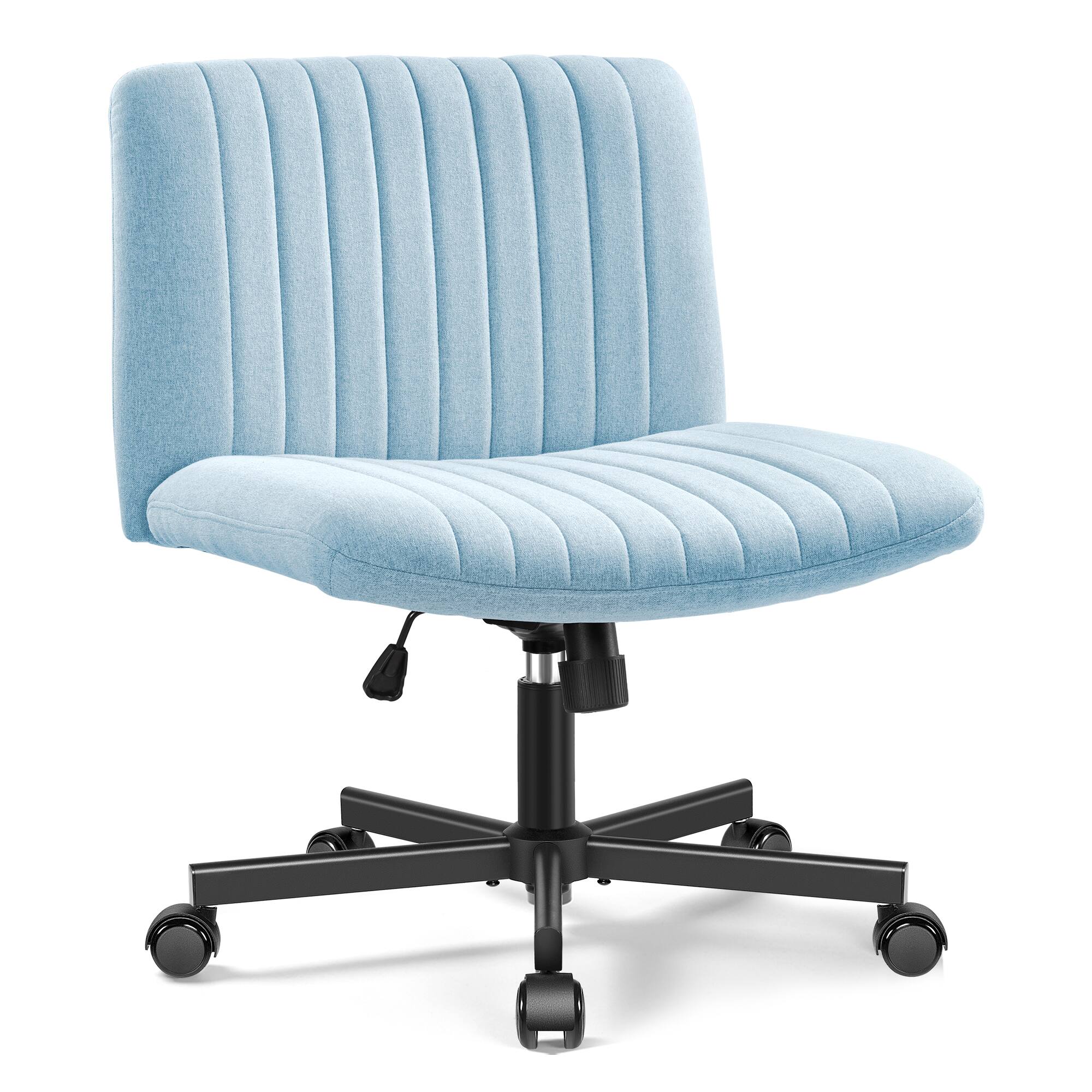 Angle. Brick Attic - Criss Cross Chair with Wheels, Wide Cross Legged Office Desk Vanity Chair Comfy Fabric Armless Adjustable Swivel - Light Blue.