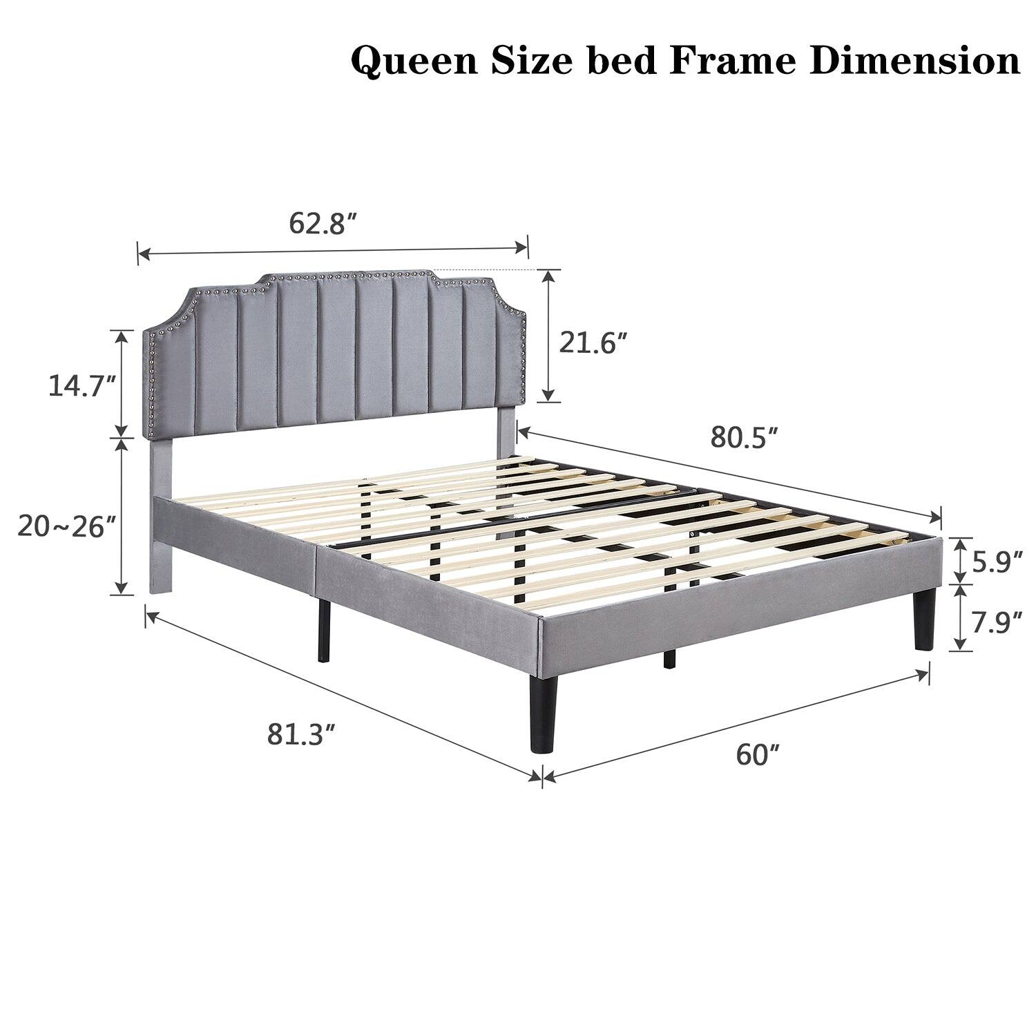 Queen Size bed Frame Dimension

- 62.8"
- 14.7"
- 21.6"
- 80.5"
- 20~26"
- 5.9"
- 7.9"
- 81.3"
- 60"