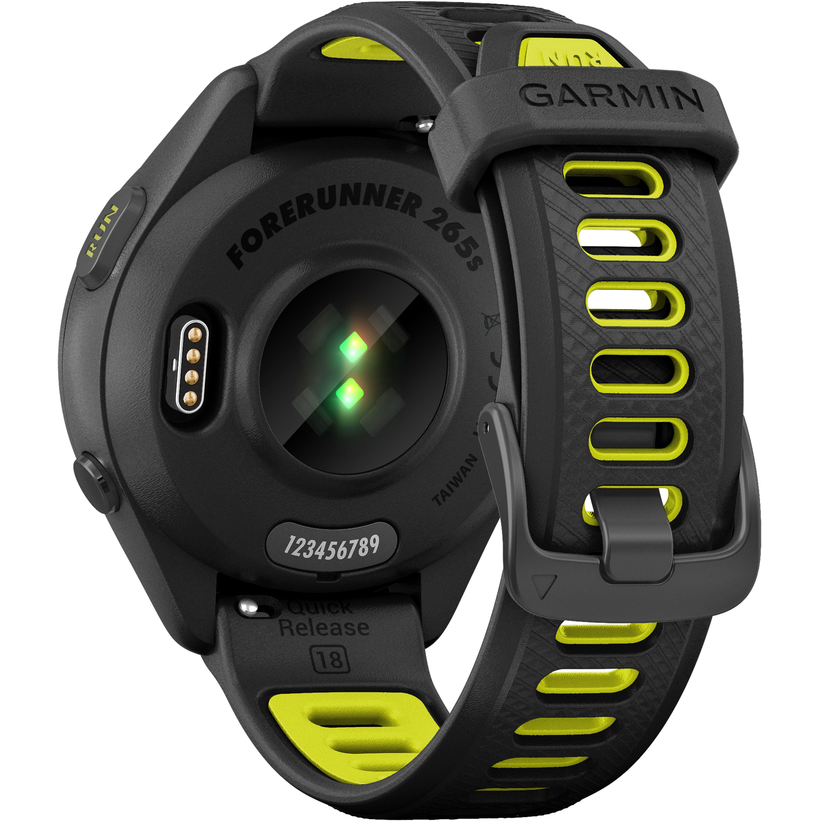 The text on the image reads: "GARMIN FORERUNNER 265S 123456789 TAIWAN Quick Release 18."