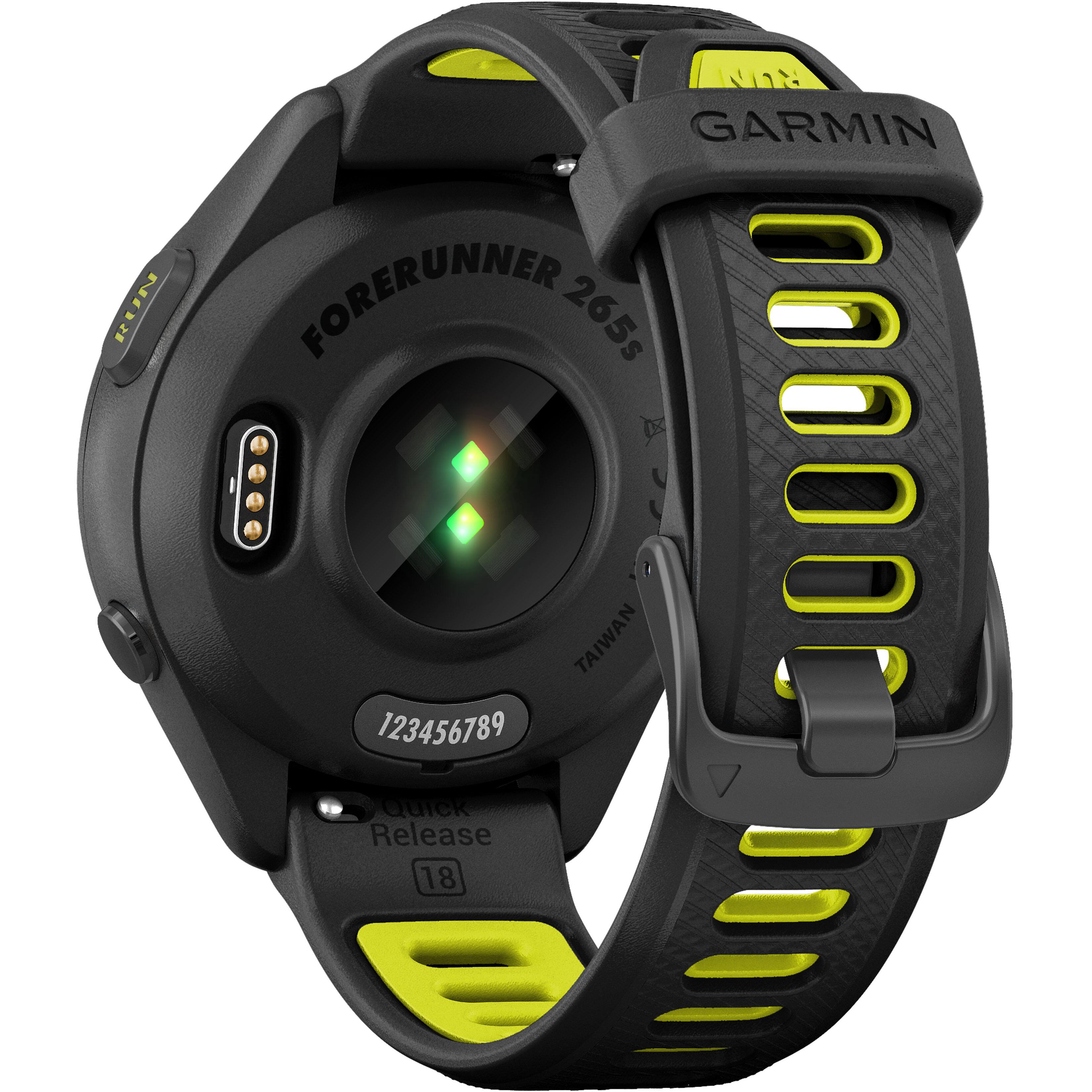 The text on the image reads: "GARMIN FORERUNNER 265S 123456789 TAIWAN Quick Release 18."