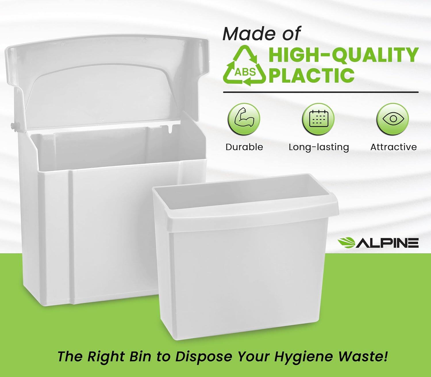 Made of HIGH-QUALITY ABS PLASTIC, Durable, Long-lasting, Attractive, ALPINE, The Right Bin to Dispose Your Hygiene Waste!