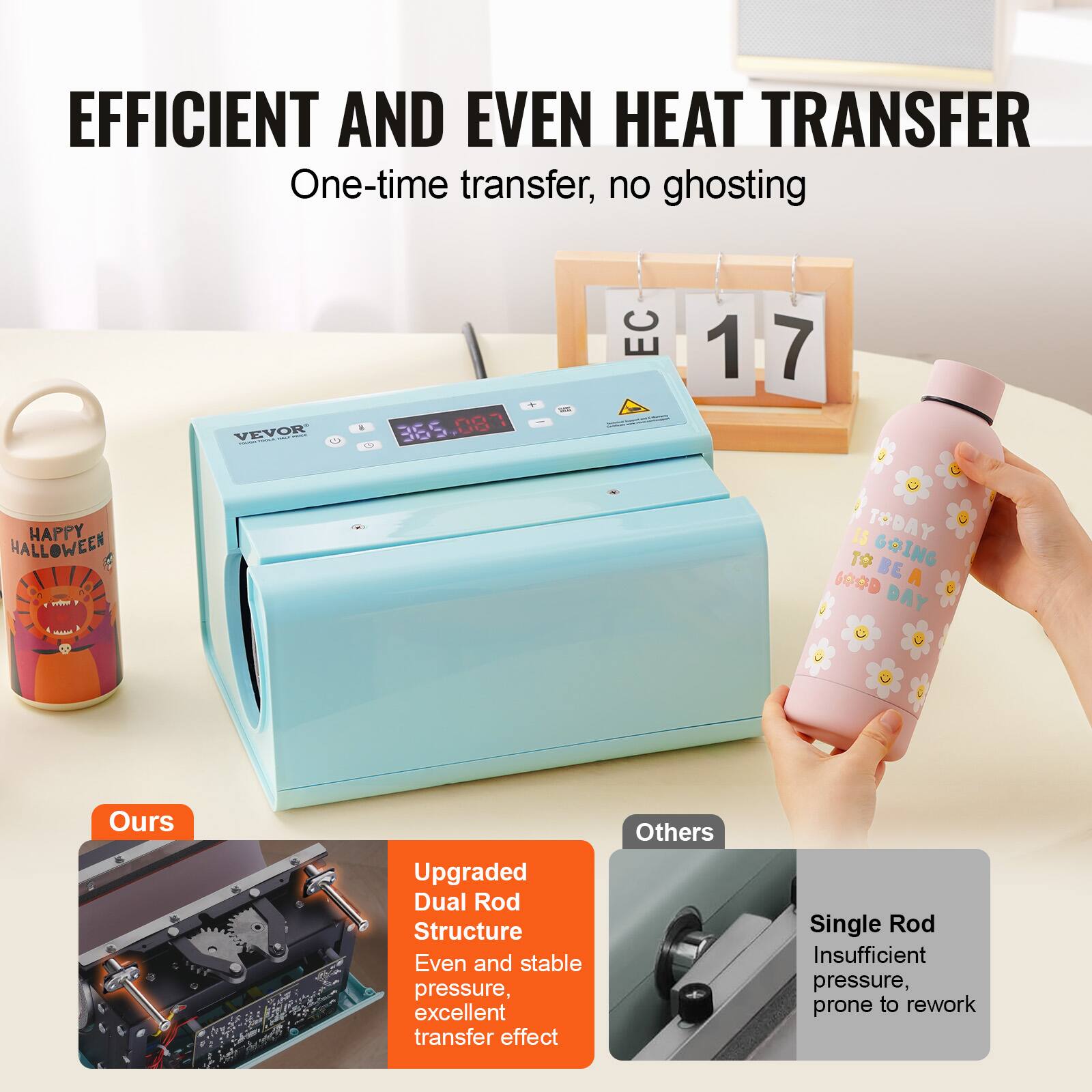 EFFICIENT AND EVEN HEAT TRANSFER  
One-time transfer, no ghosting  

HAPPY HALLOWEEN  
EC 17  

Ours  
Upgraded Dual Rod Structure  
Even and stable pressure, excellent transfer effect  

Others  
Single Rod  
Insufficient pressure, prone to rework