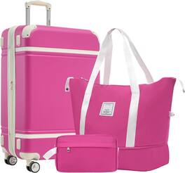 MOOSOO - 24 IN Hardside Suitcase with Duffel Bags, 3 Piece Expandable Luggage with Spinner Wheels, Vintage Luggage with TSA Lock - Pink