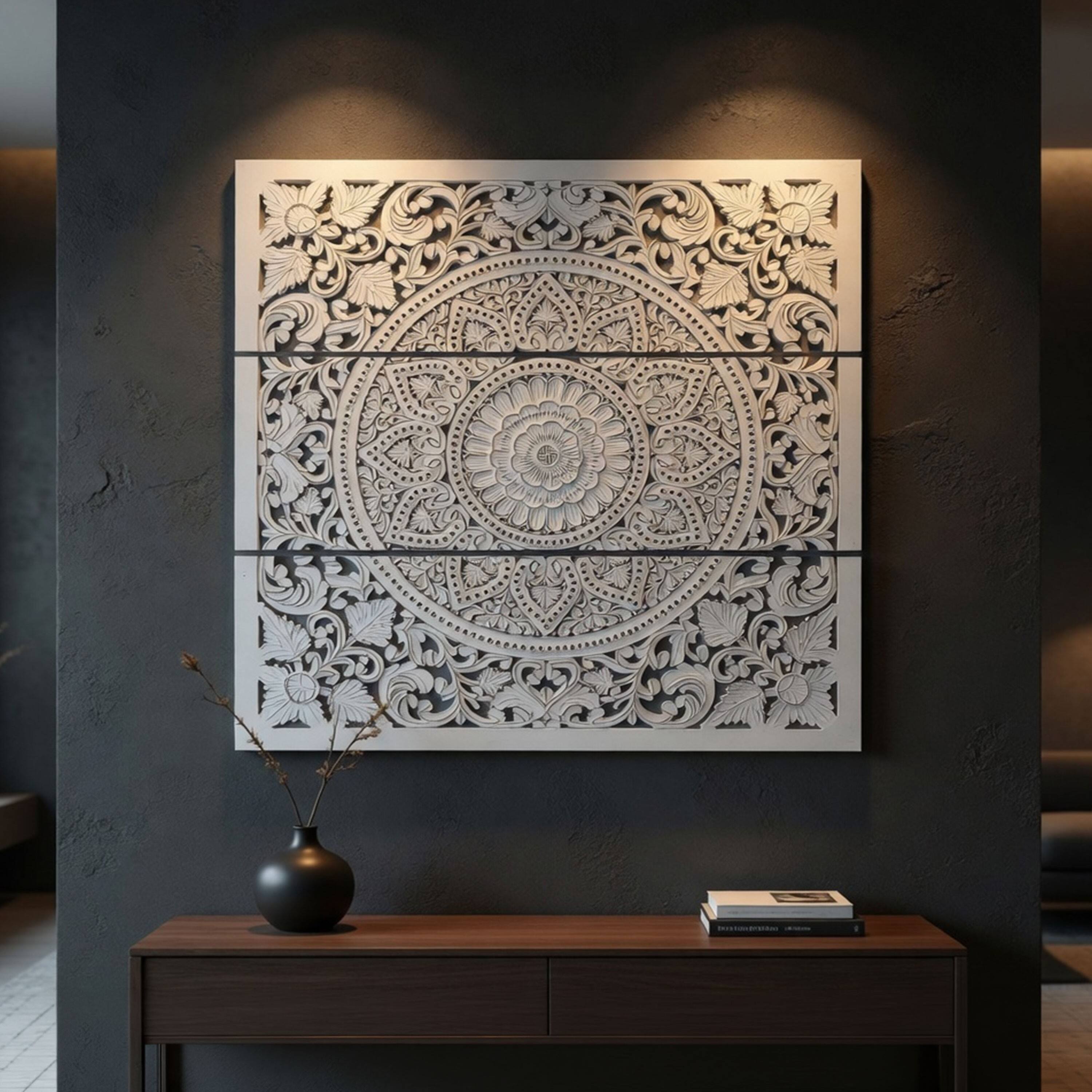 Alt View 7. Manhattan Lane - Josa 3pc Wood Wall Panel Set, Mandala Floral Carving, Antique White Finish, 48 Inch Square Decor - Antique White.