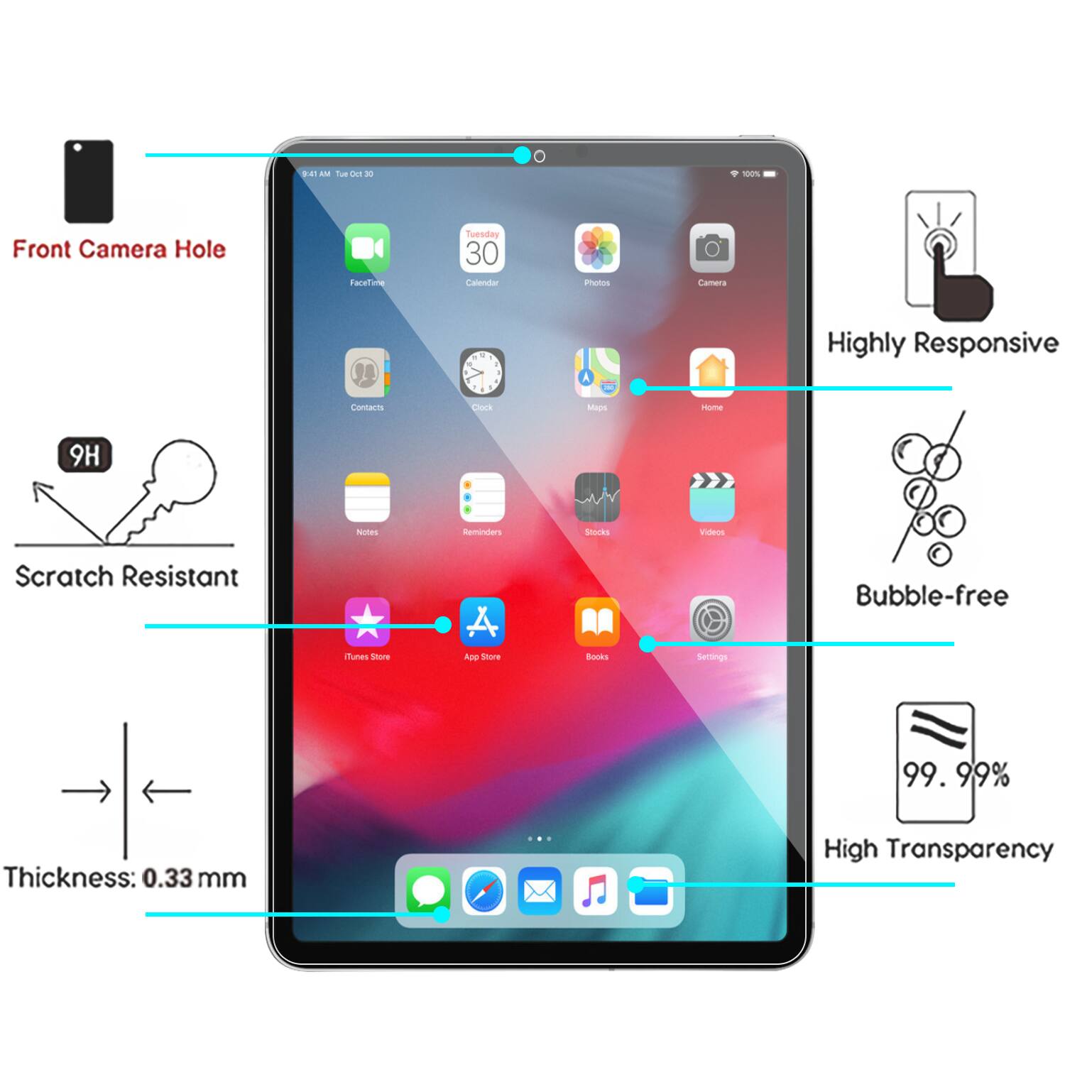 - Front Camera Hole
- Scratch Resistant
- Thickness: 0.33 mm
- Highly Responsive
- Bubble-free
- 99.99% High Transparency