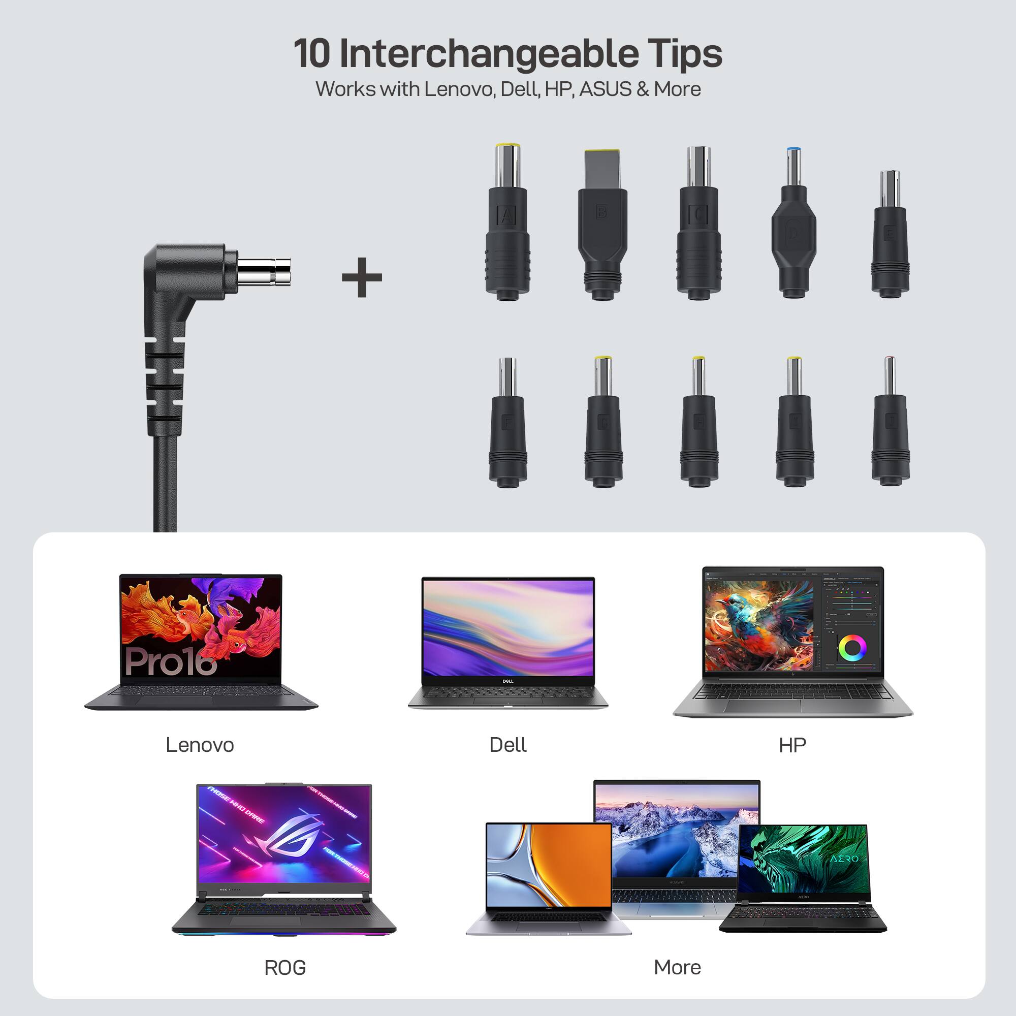 10 Interchangeable Tips  
Works with Lenovo, Dell, HP, ASUS & More  

Lenovo  
Dell  
HP  
ROG  
More