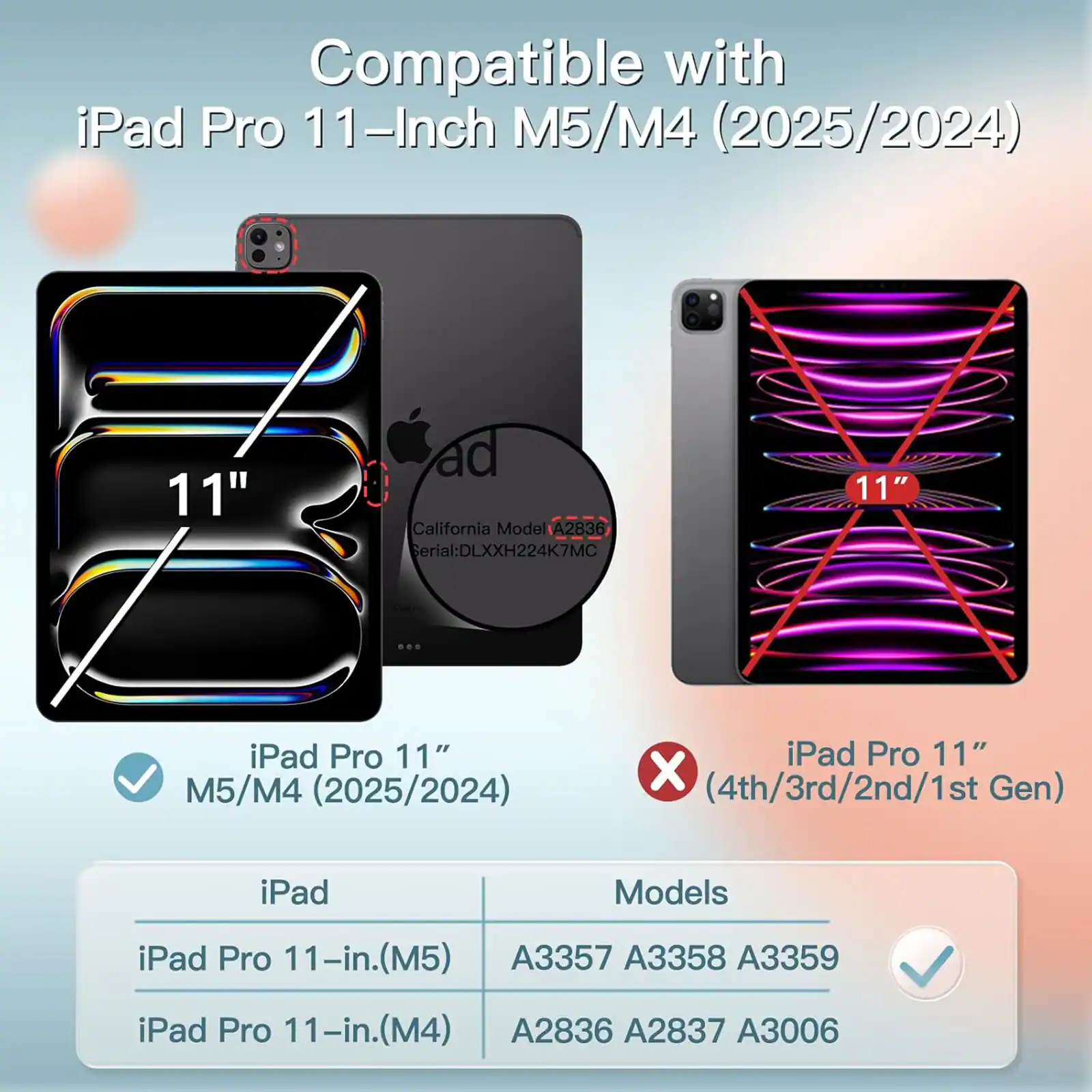 Compatible with iPad Pro 11-Inch M5/M4 (2025/2024) 11" ad California Model A2836 Serial: DLXXH224K7MC

11" iPad Pro 11" M5/M4 (2025/2024) iPad Pro 11" X (4th/3rd/2nd/1st Gen) iPad Models

iPad Pro 11-in.(M5) A3357 A3358 A3359

iPad Pro 11-in.(M4) A2836 A2837 A3006