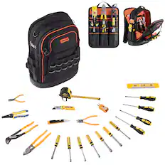 Front. VEVOR - Tool Backpack with Tools, 65 Pockets, Heavy-duty Tools Storage Organizer Bags with Laptop Compartment & Molded Base - Black,Orange.