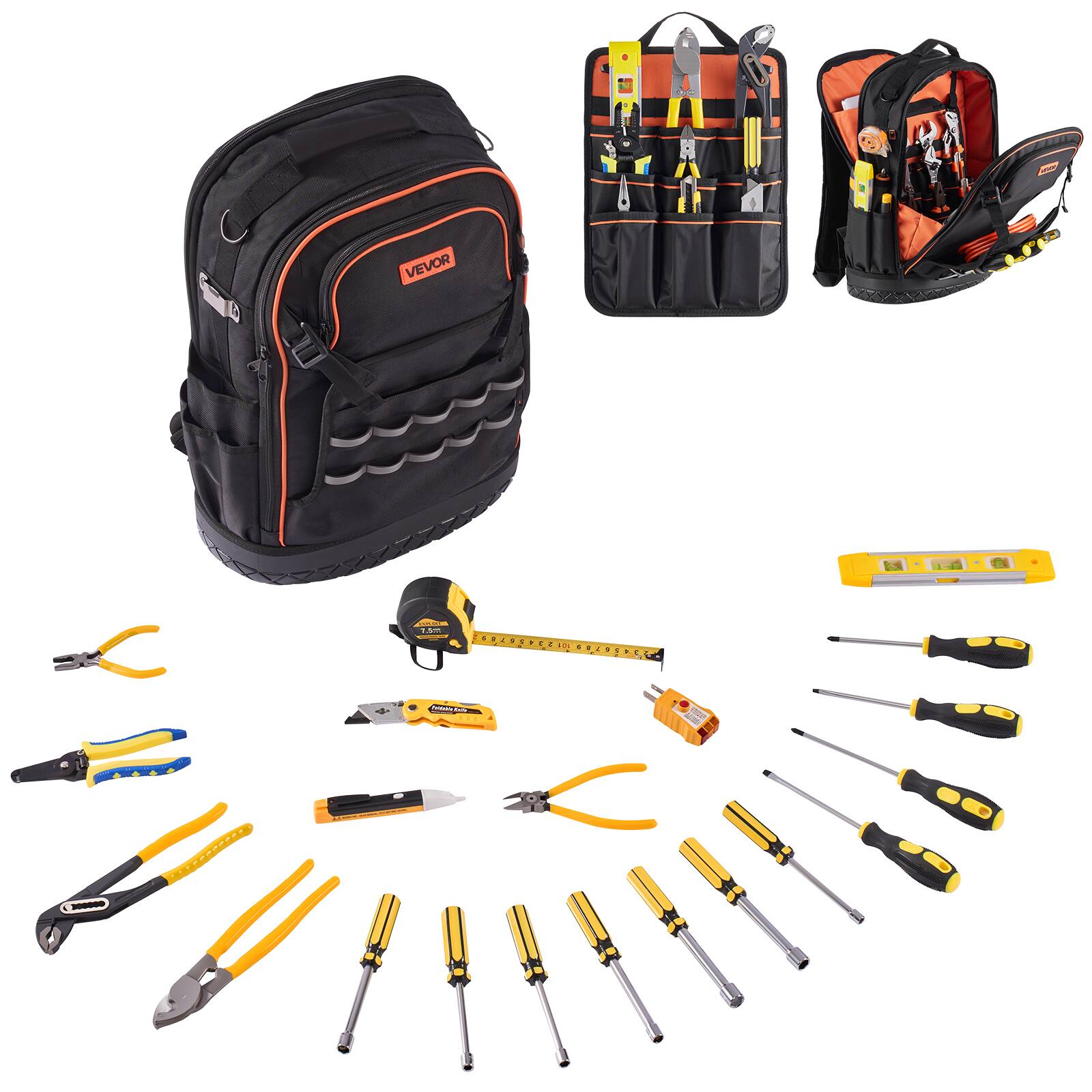 VEVOR - Tool Backpack with Tools, 65 Pockets, Heavy-duty Tools Storage Organizer Bags with Laptop Compartment & Molded Base - Black,Orange