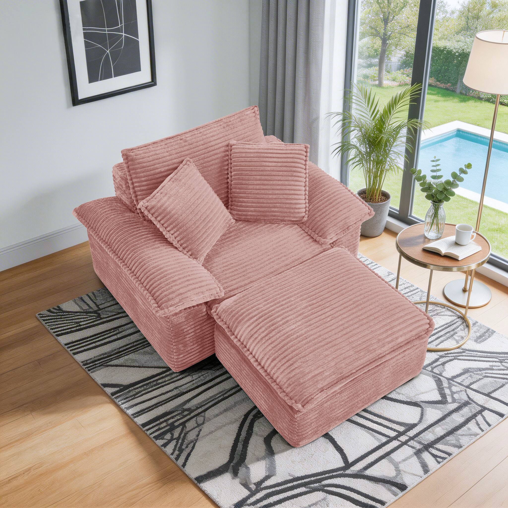 Angle. Electra Tech Xpress - 48" Boneless Couch with Removable Ottoman,Oversized Upholstered Lounge Sofa Bed with Pillows,No Assembly - Pink.