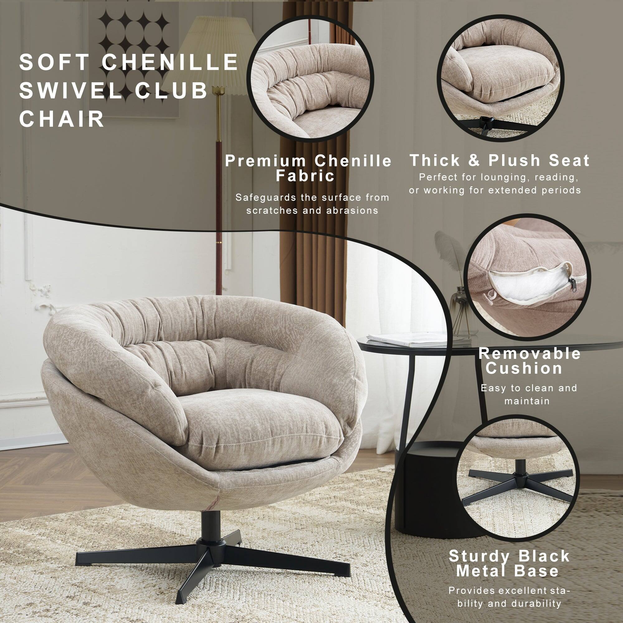 SOFT CHENILLE SWIVEL CLUB CHAIR

Premium Chenille Fabric  
Safeguards the surface from scratches and abrasions

Thick & Plush Seat  
Perfect for lounging, reading, or working for extended periods

Removable Cushion  
Easy to clean and maintain

Sturdy Black Metal Base  
Provides excellent stability and durability