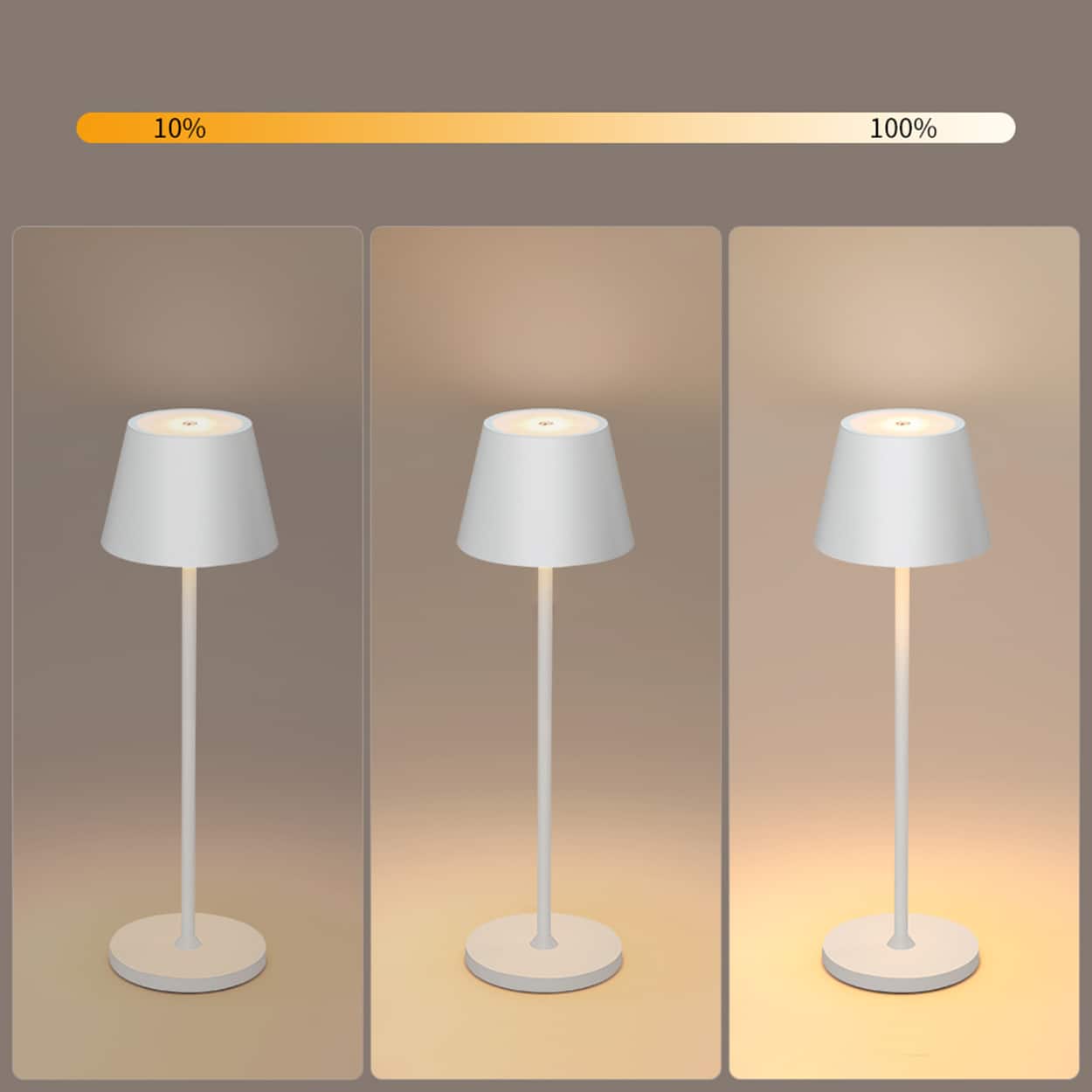 The image shows three different lamps with their lights turned on. The first lamp is on the left side, the second lamp is in the middle, and the third lamp is on the right side of the image. The lamps are all lit up, and the image is divided into three sections, each showing a different angle of the lamps. The text on the image reads "10% 100%," which indicates that the lamps are at 10% and 100% brightness, respectively.