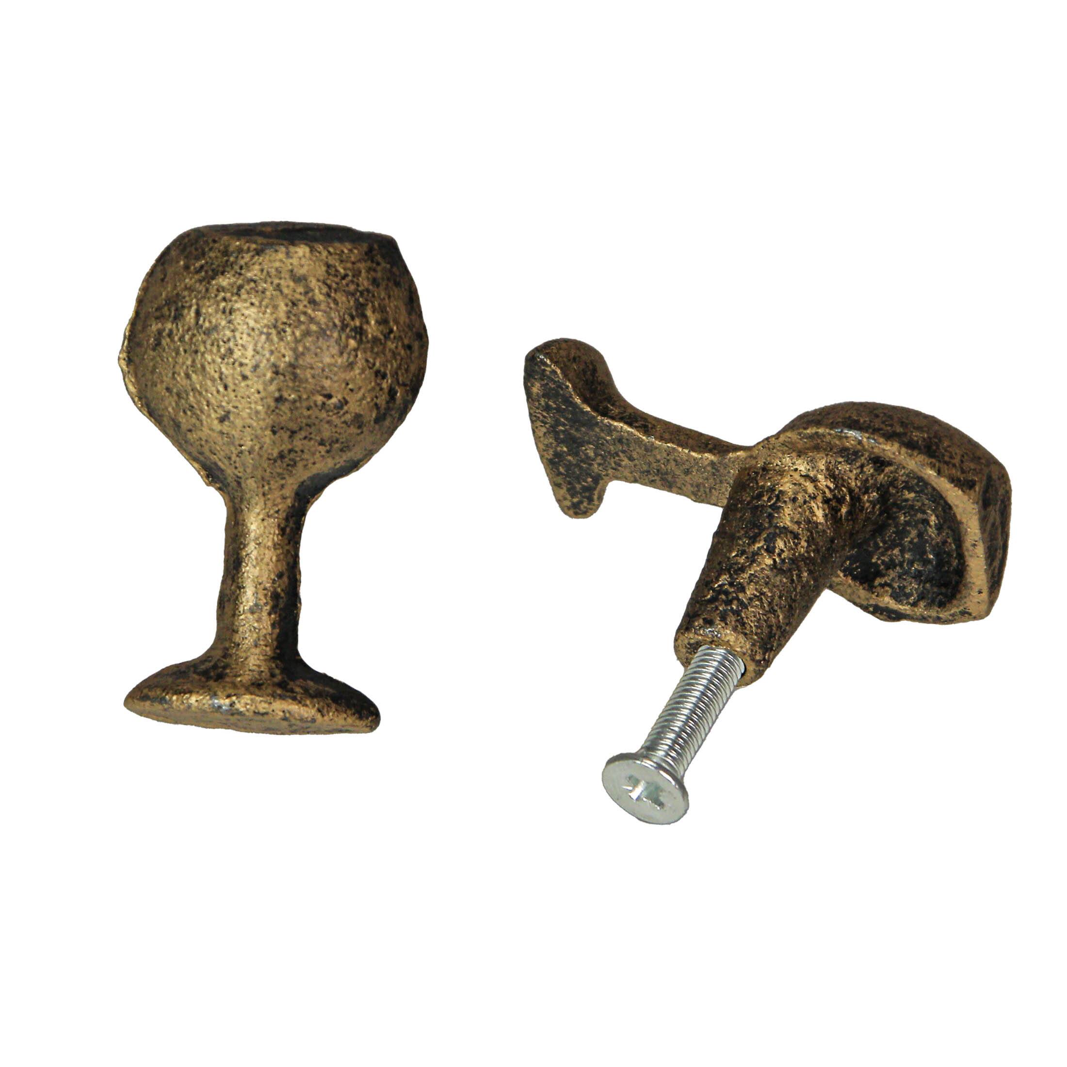 Alt View 7. Zeckos - Antique Gold Finish Cast Iron Wine Glass Cabinet Knob Drawer Pulls Set of 6 - Gold.