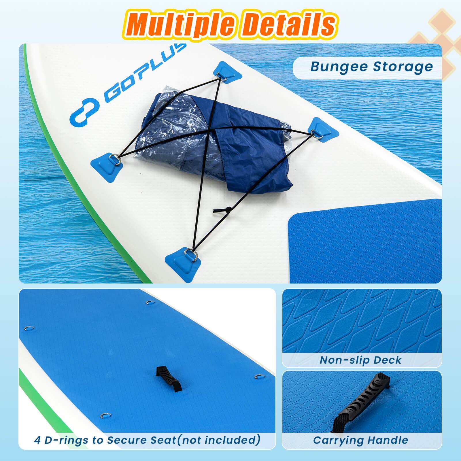 The image features a white surfboard with a blue cover on it. The surfboard has multiple details, including a bungee storage system, an 8-non-slip deck, and four D-rings to secure the seat (not included). Additionally, the surfboard has a carrying handle for easy transportation.