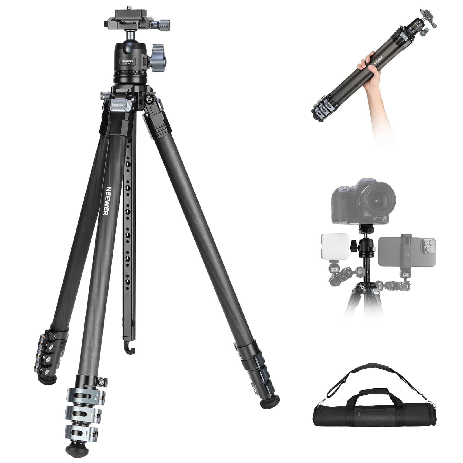 Neewer - Carbon Fiber Travel Tripod, 60.4", 360° Ball Head - Black