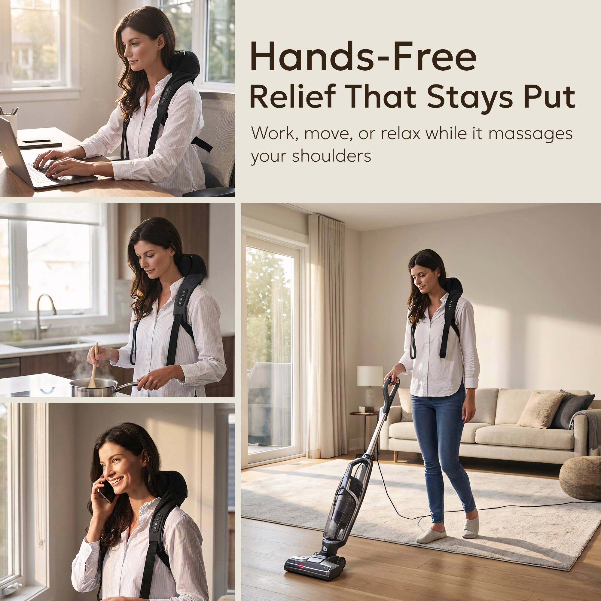 Hands-Free Relief That Stays Put  
Work, move, or relax while it massages your shoulders