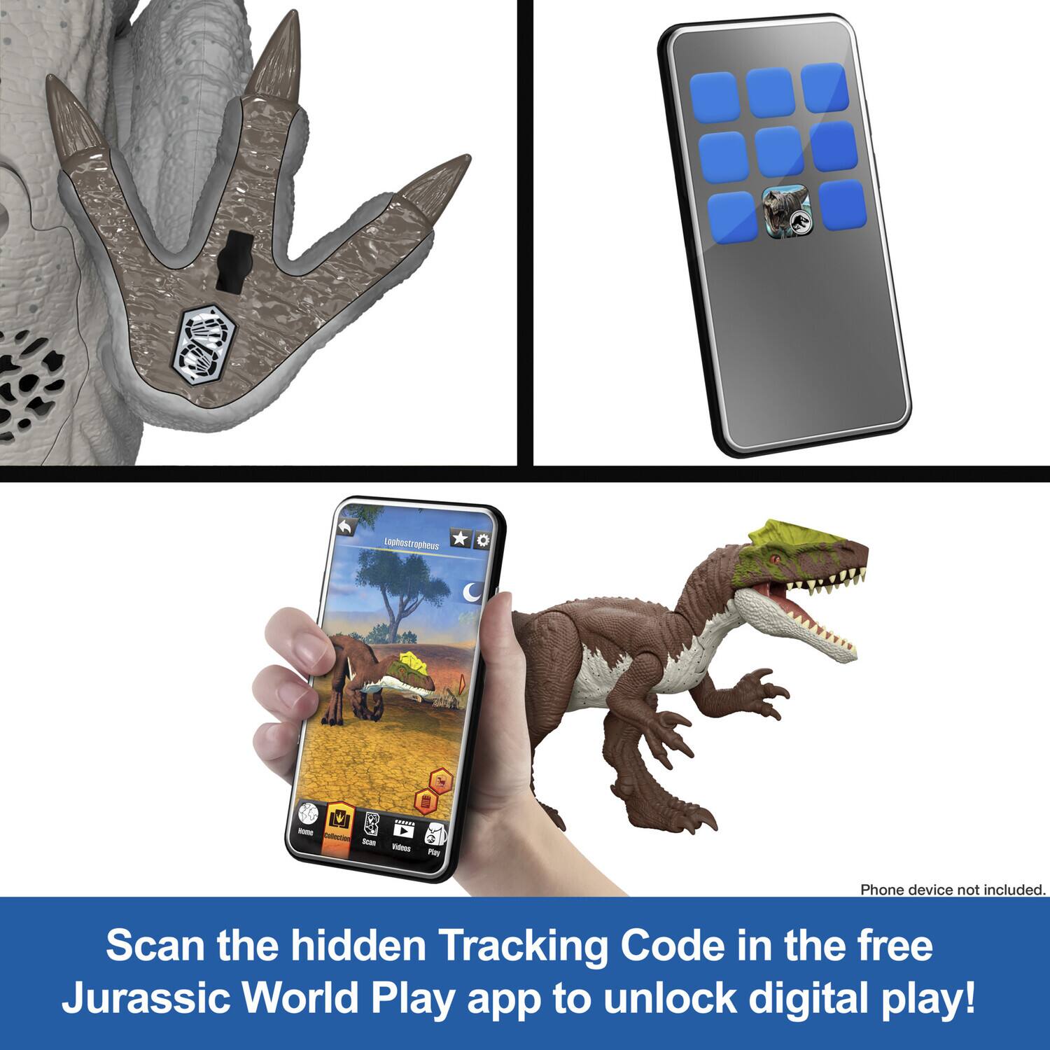 Phone device not included. Scan the hidden Tracking Code in the free Jurassic World Play app to unlock digital play!