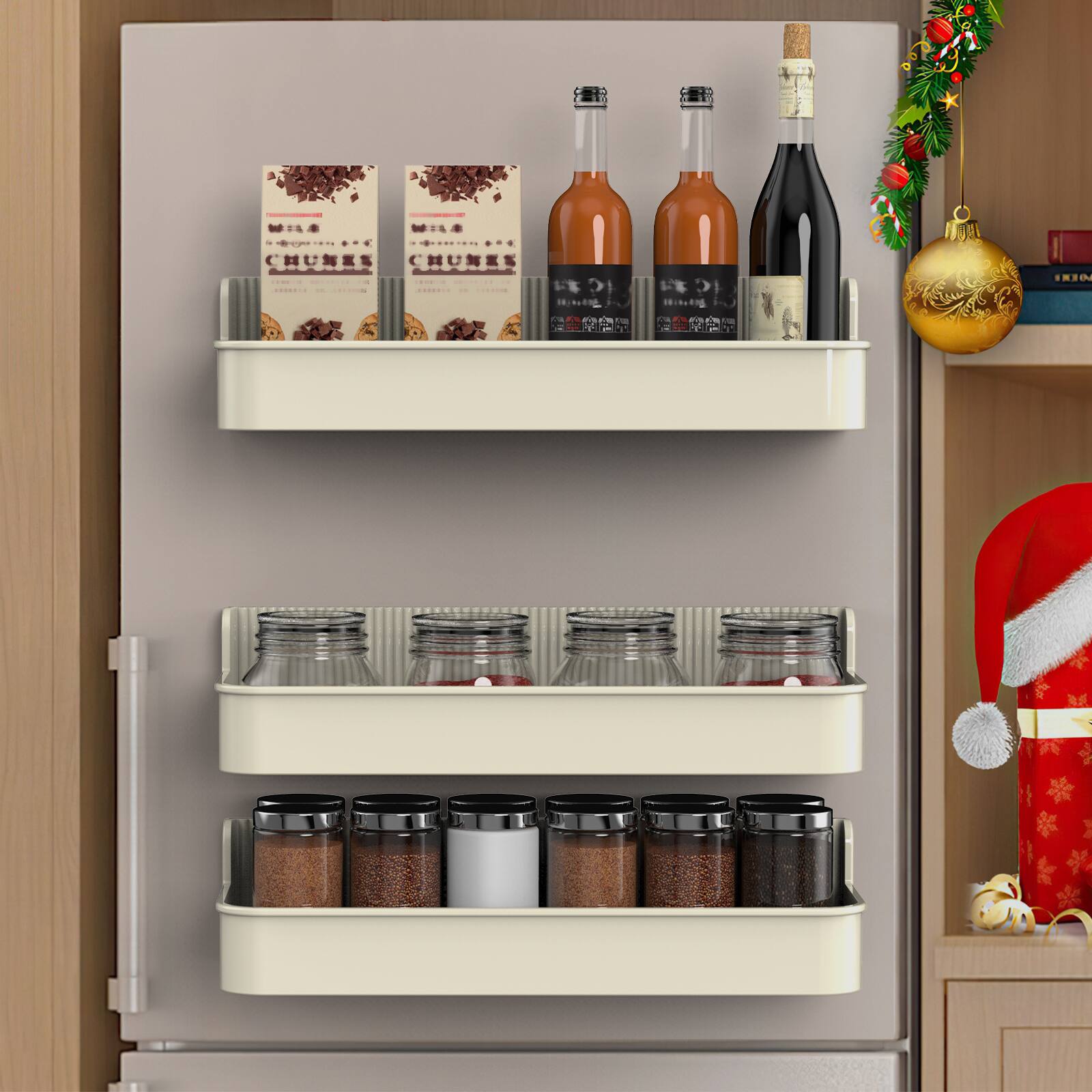 Alt View 1. Oumilen - 4-Pack Magnetic Storage Organizer Bins, 11.81 x 4.14 x 2.76in No-Drill Wall Mount Baskets for Fridge Microwave Office - Beige.