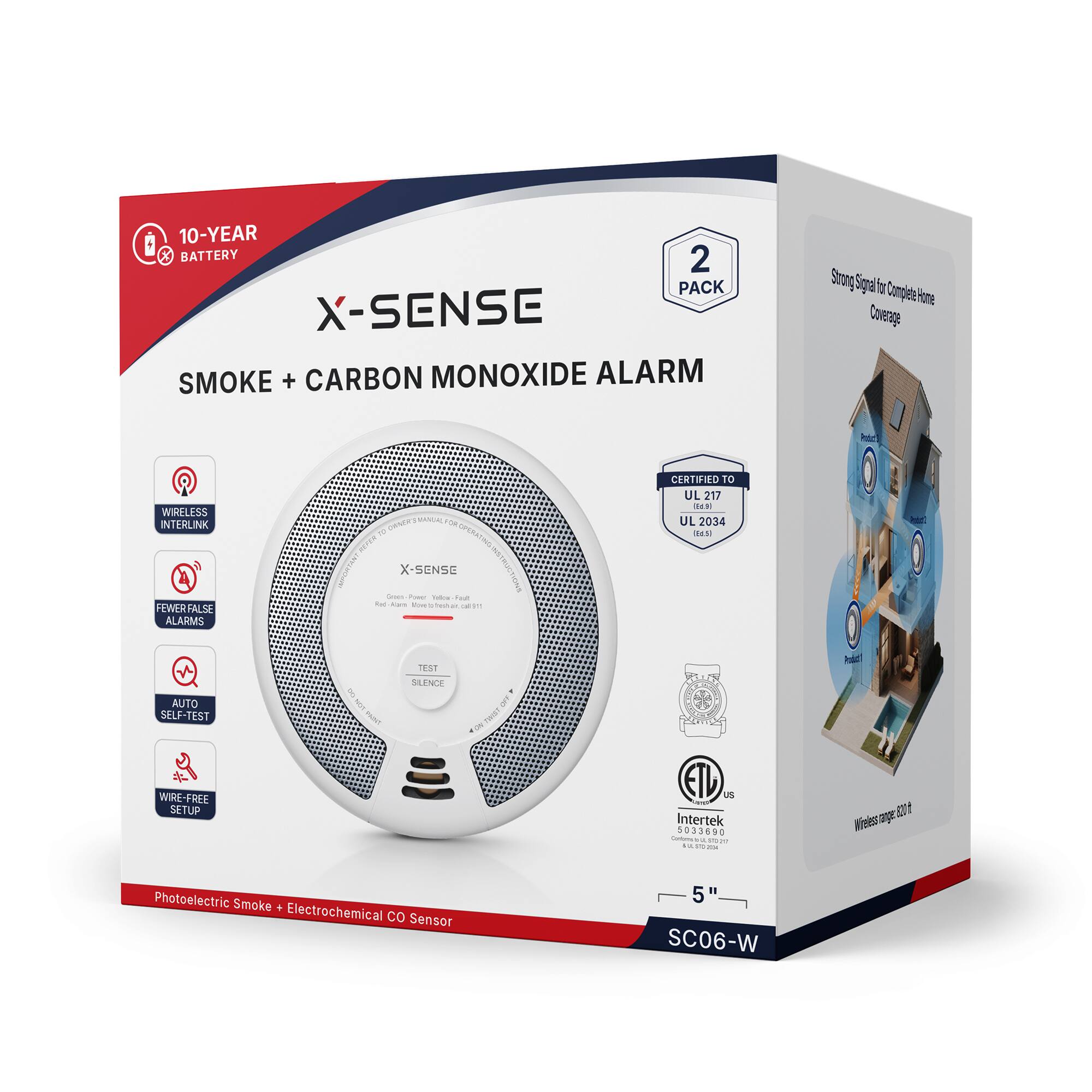 10-YEAR X BATTERY 2 PACK X-SENSE SMOKE + CARBON MONOXIDE ALARM

Strong Signal for Complete Home Coverage

WIRELESS INTERLINK FEWER FALSE ALARMS

CERTIFIED TO UL 217 Ed.91 UL 2034 Ed.5

AUTO SELF-TEST

TEST SILENCE

WIRE-FREE SETUP

US Intertek 5033690 Contains U.S.O.2020

Photoelectric Smoke + Electrochemical CO Sensor

5" SC06-W